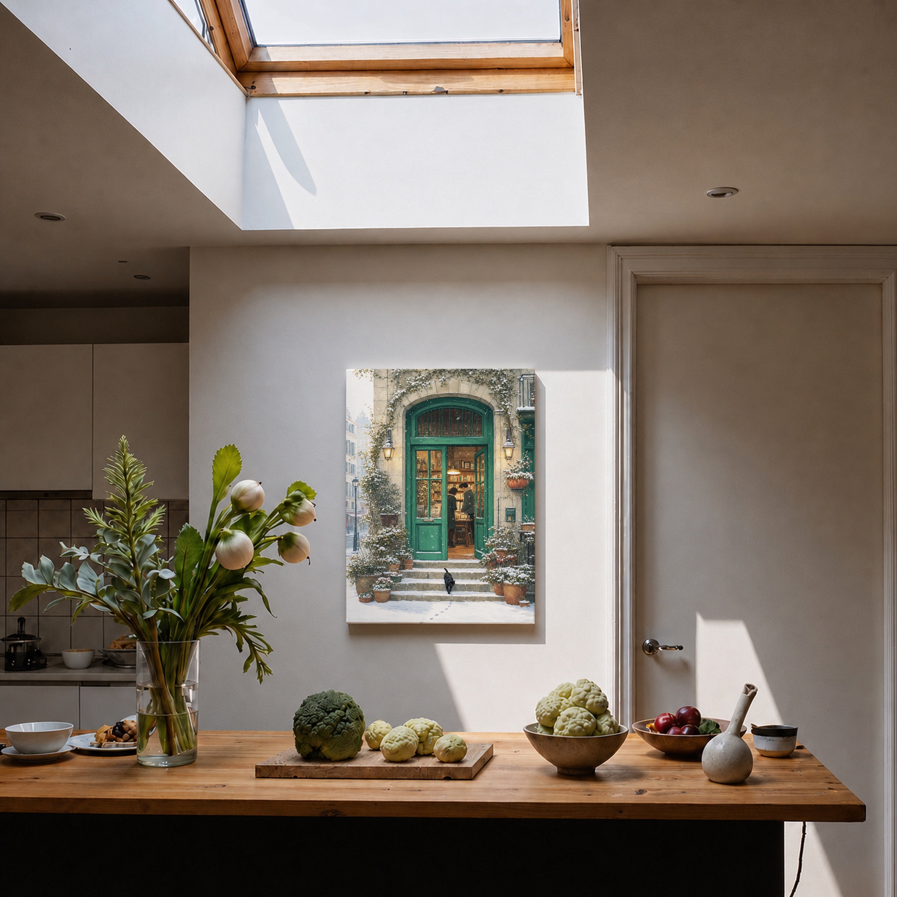 Bruges Snowy Green Door Bookstore canvas home decor mockup by Seji Art