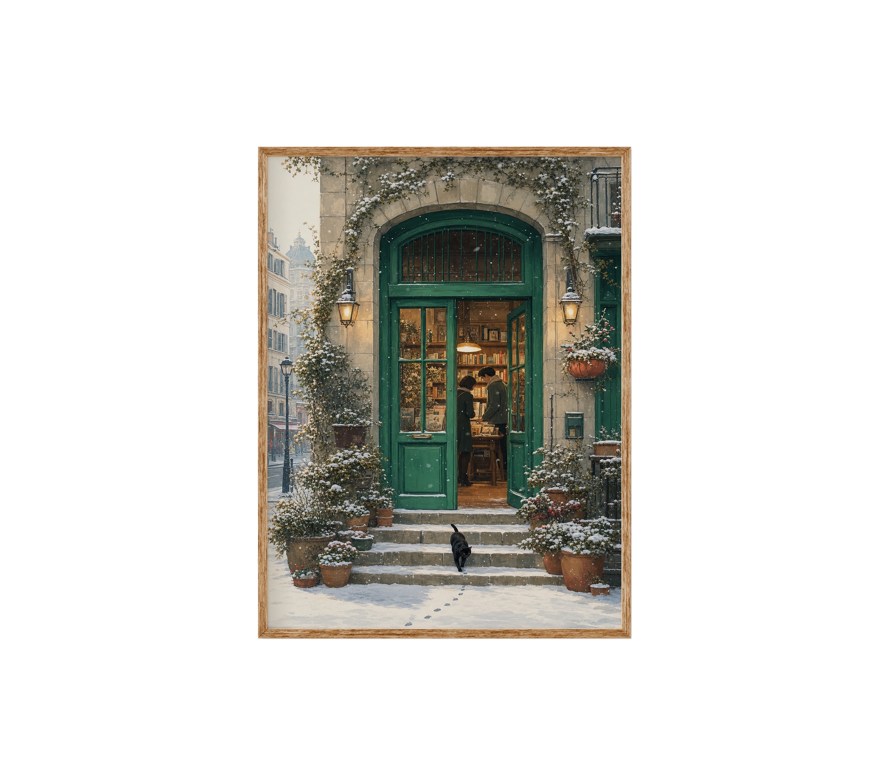 Bruges Snowy Green Door Bookstore poster print preview by Seji Art