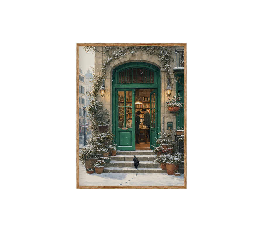 Bruges Snowy Green Door Bookstore poster print preview by Seji Art