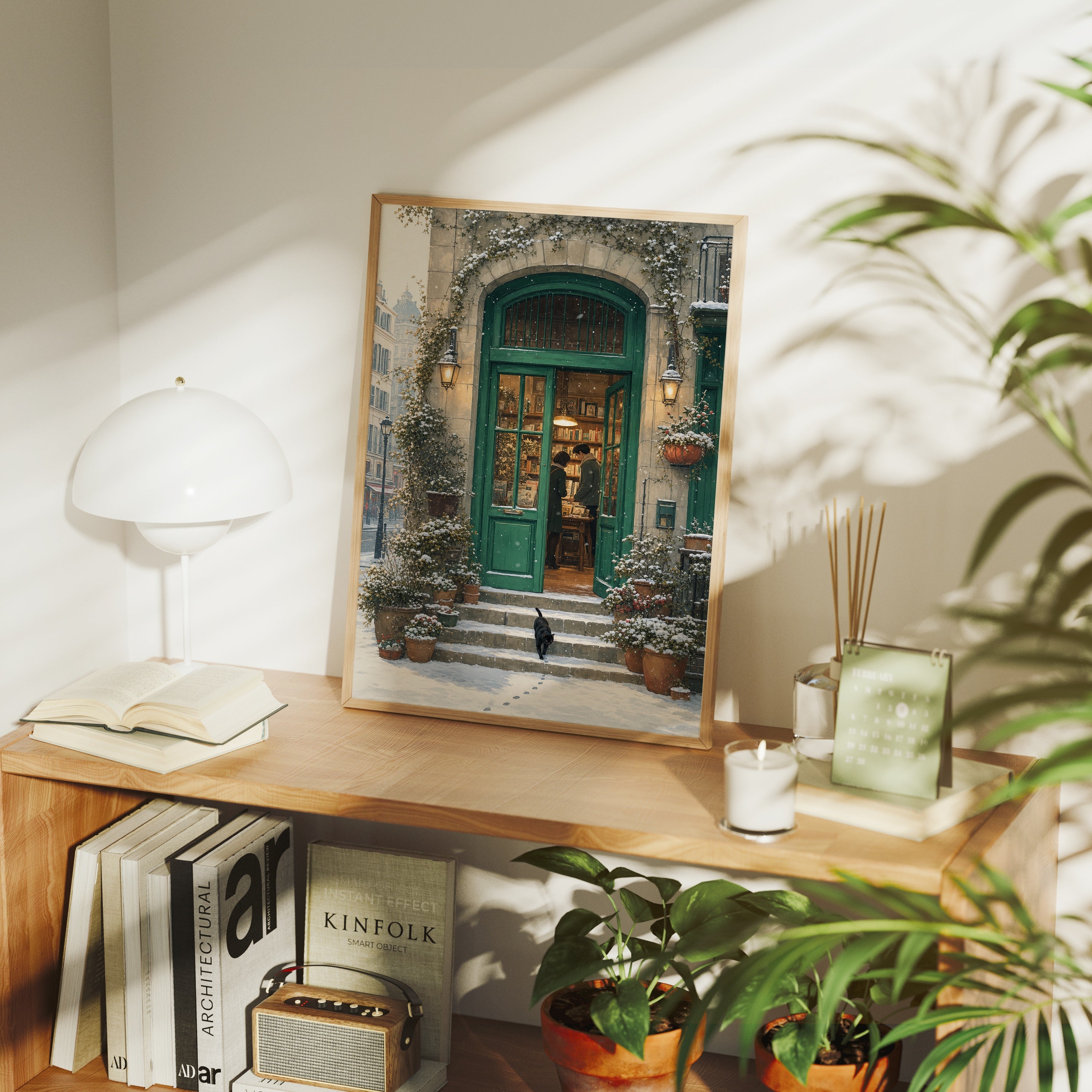 Bruges Snowy Green Door Bookstore poster framed room mockup by Seji Art