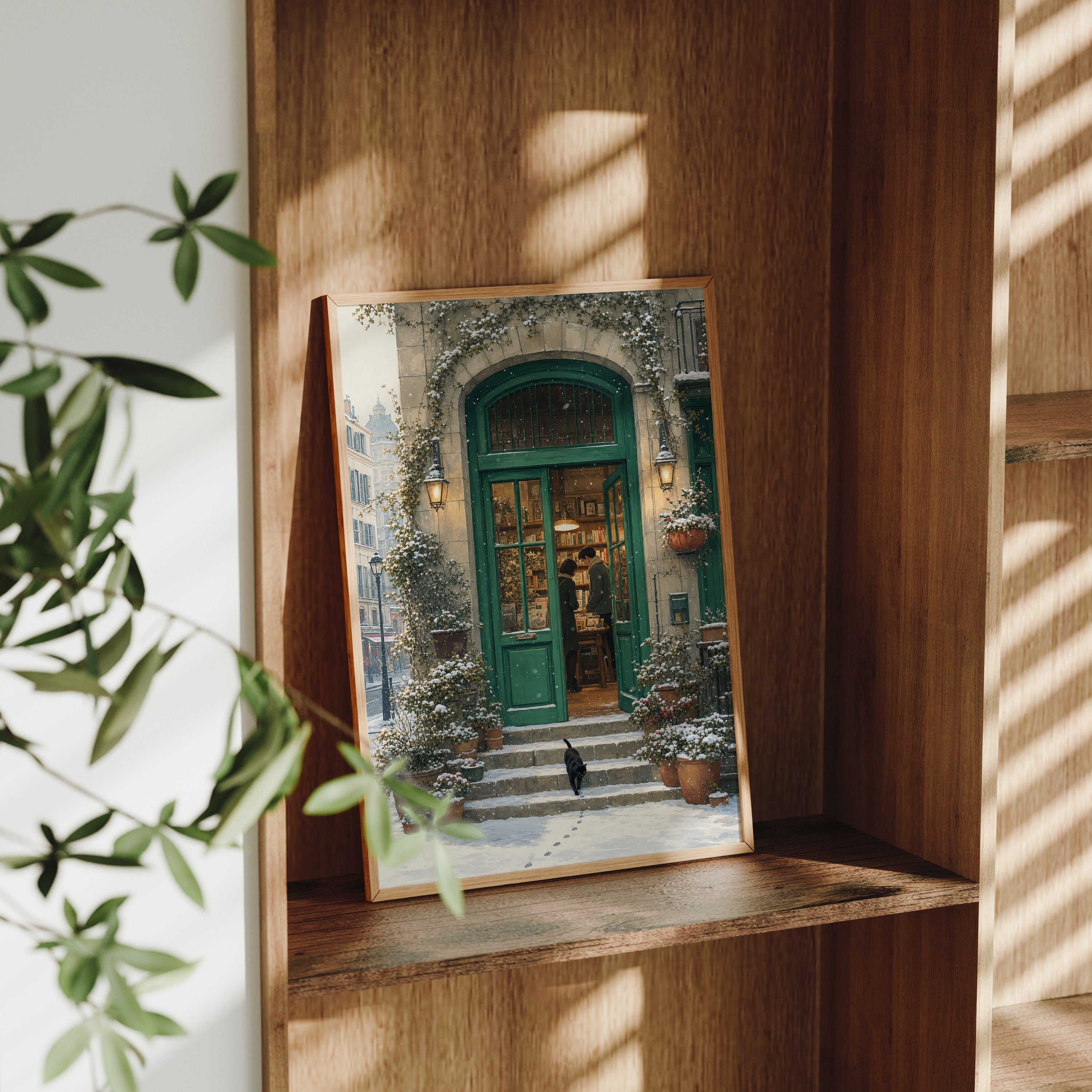 Bruges Snowy Green Door Bookstore poster gallery shelf mockup by Seji Art