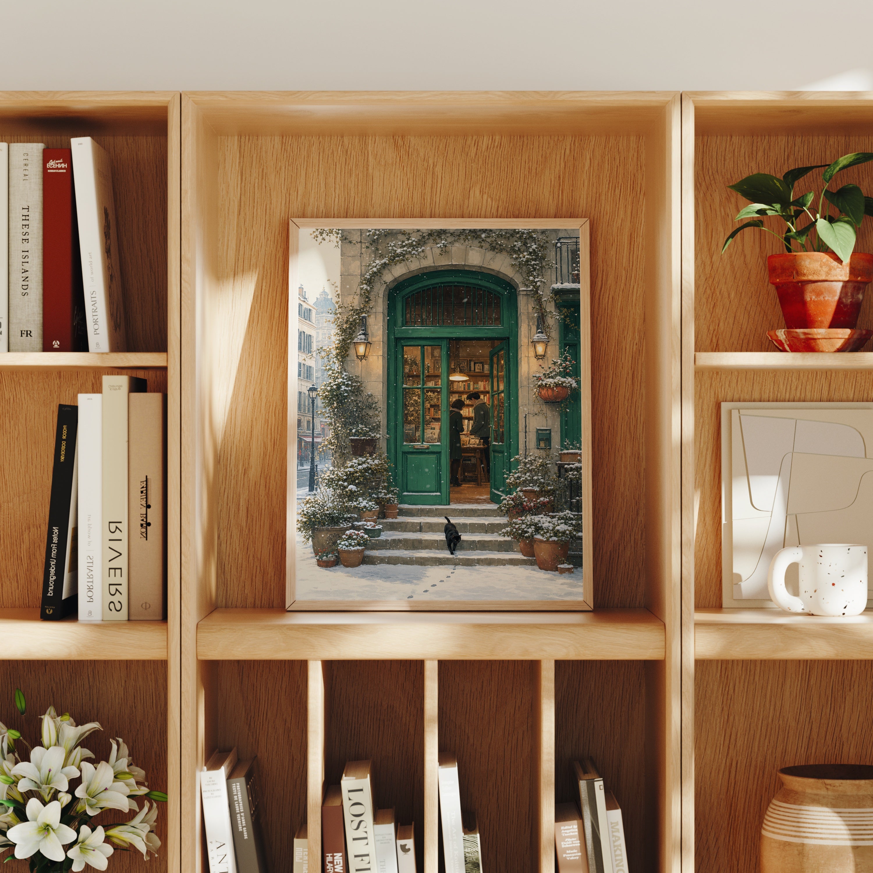 Bruges Snowy Green Door Bookstore poster home decor mockup by Seji Art