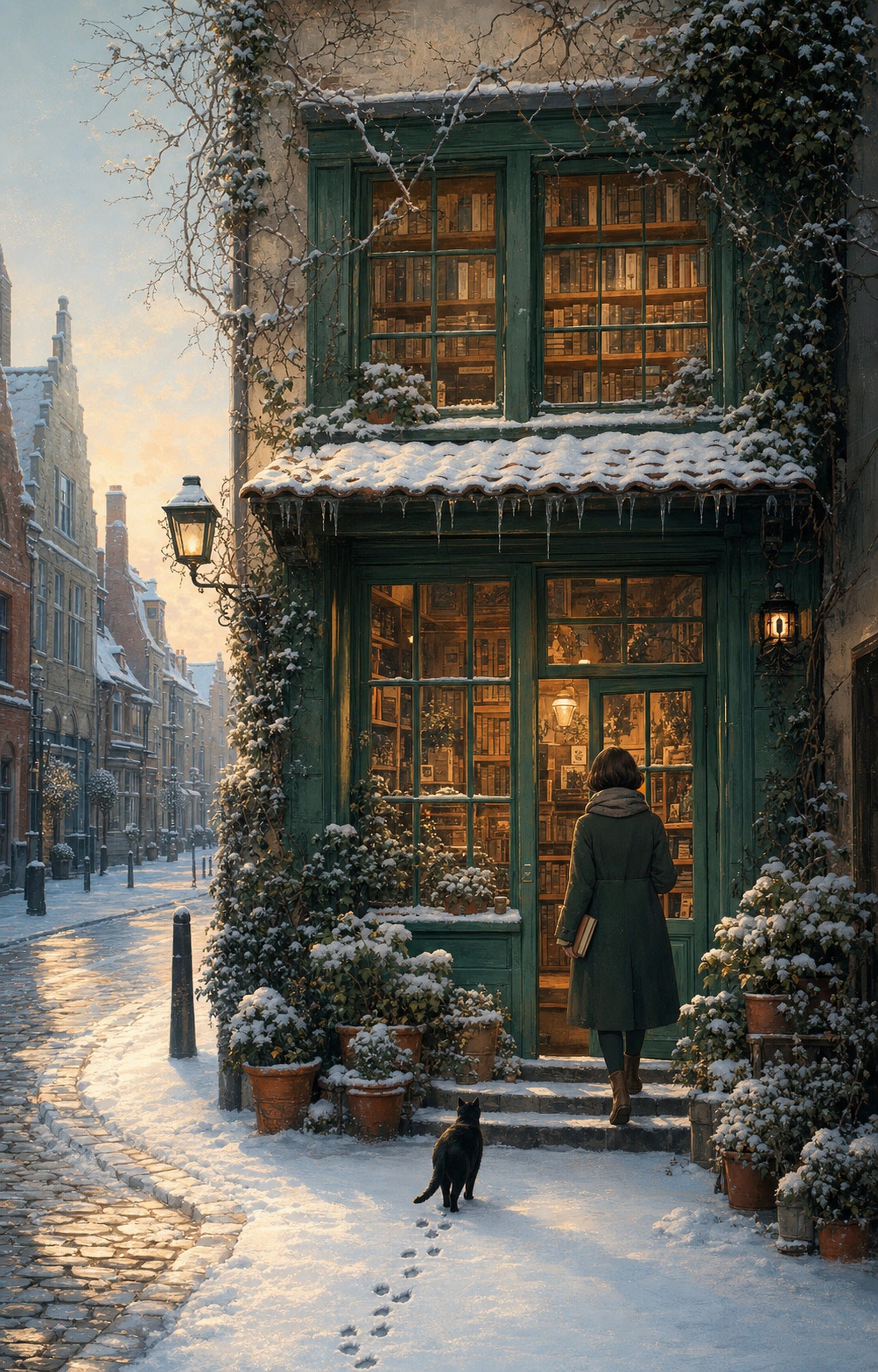 Bruges Winter Dawn Bookshop wall art print by Seji Art