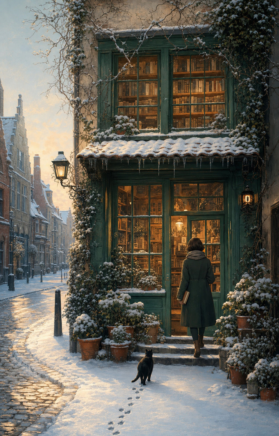 Bruges Winter Dawn Bookshop wall art print by Seji Art