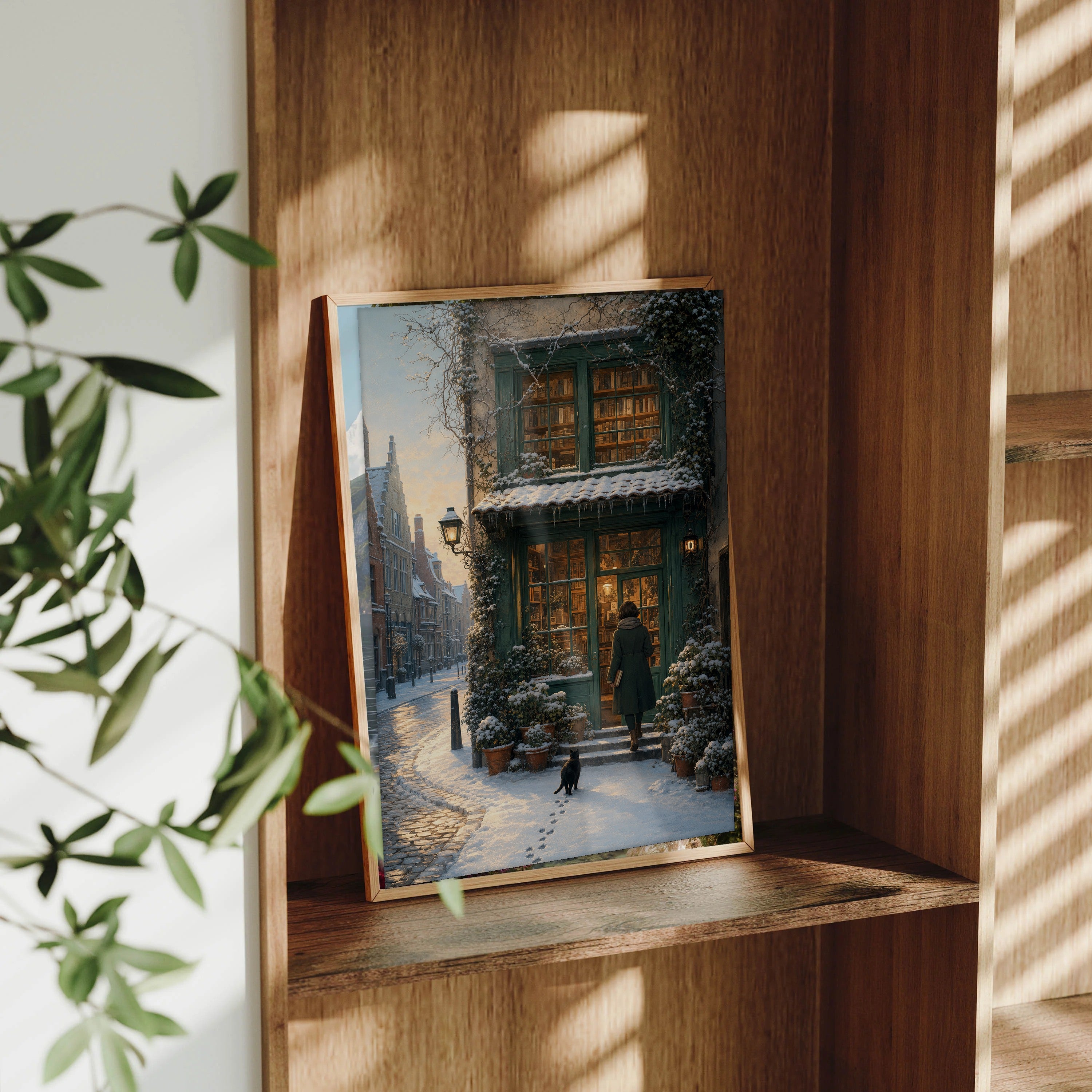 Bruges Winter Dawn Bookshop framed wall art print mockup by Seji Art