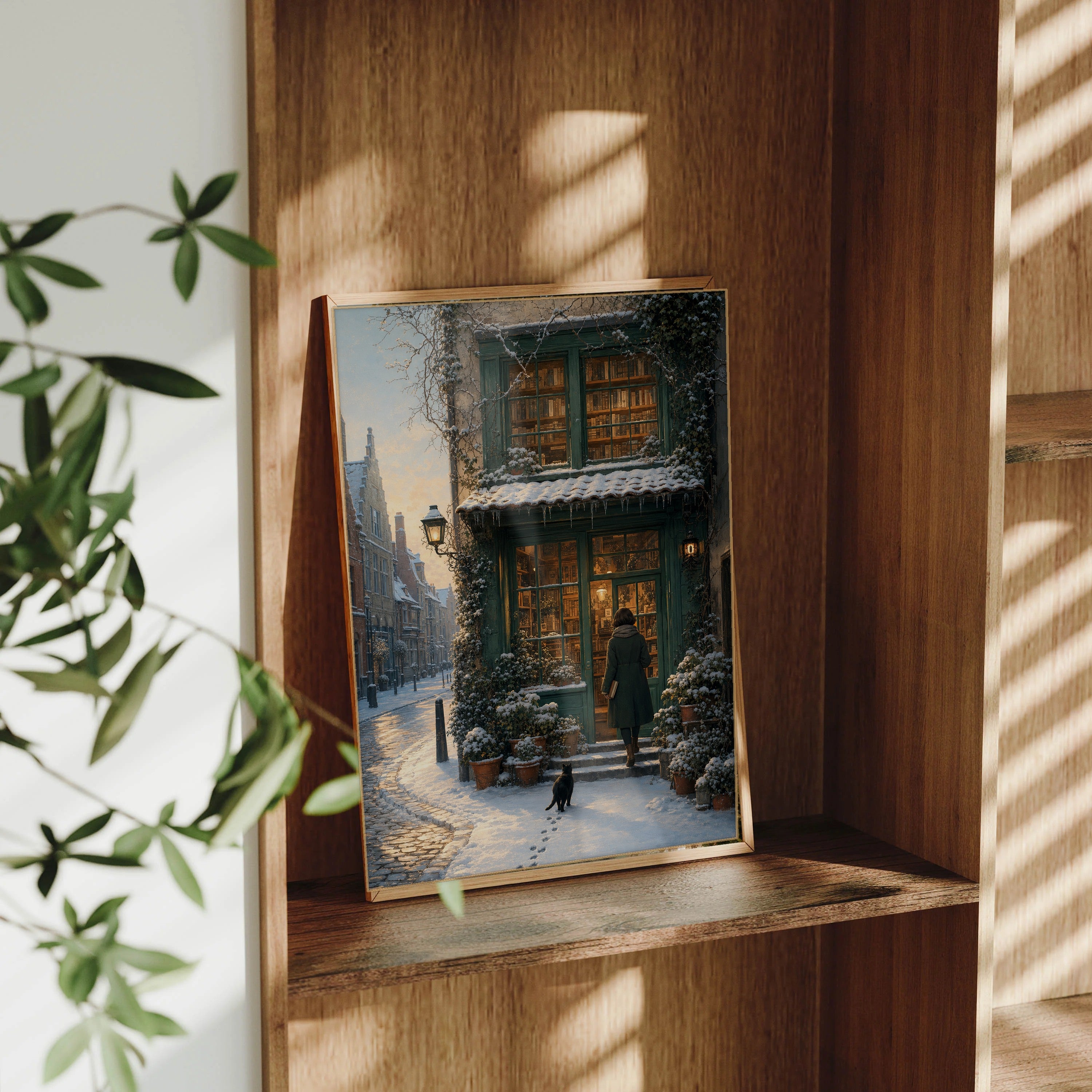 Bruges Winter Dawn Bookshop framed wall art print mockup by Seji Art