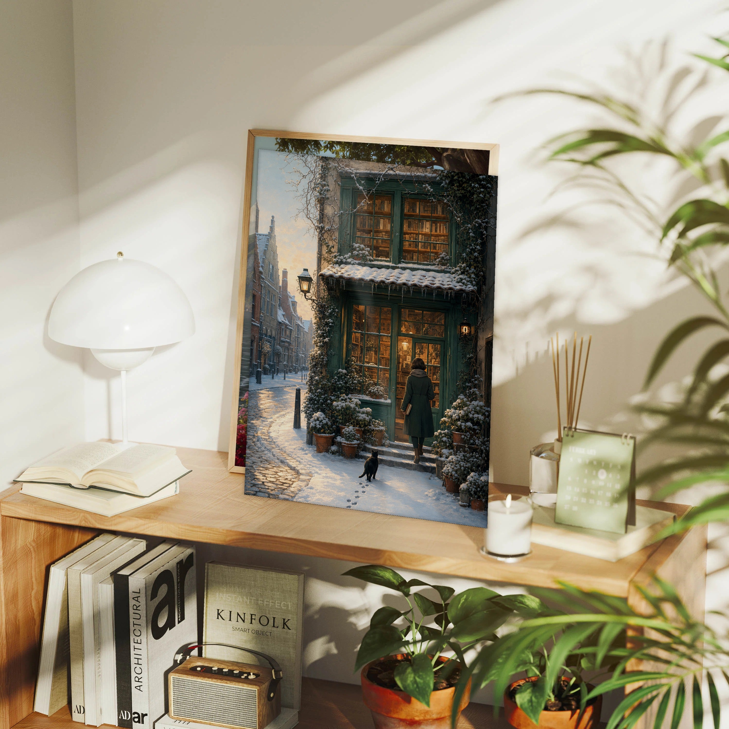 Bruges Winter Dawn Bookshop framed wall art print mockup by Seji Art