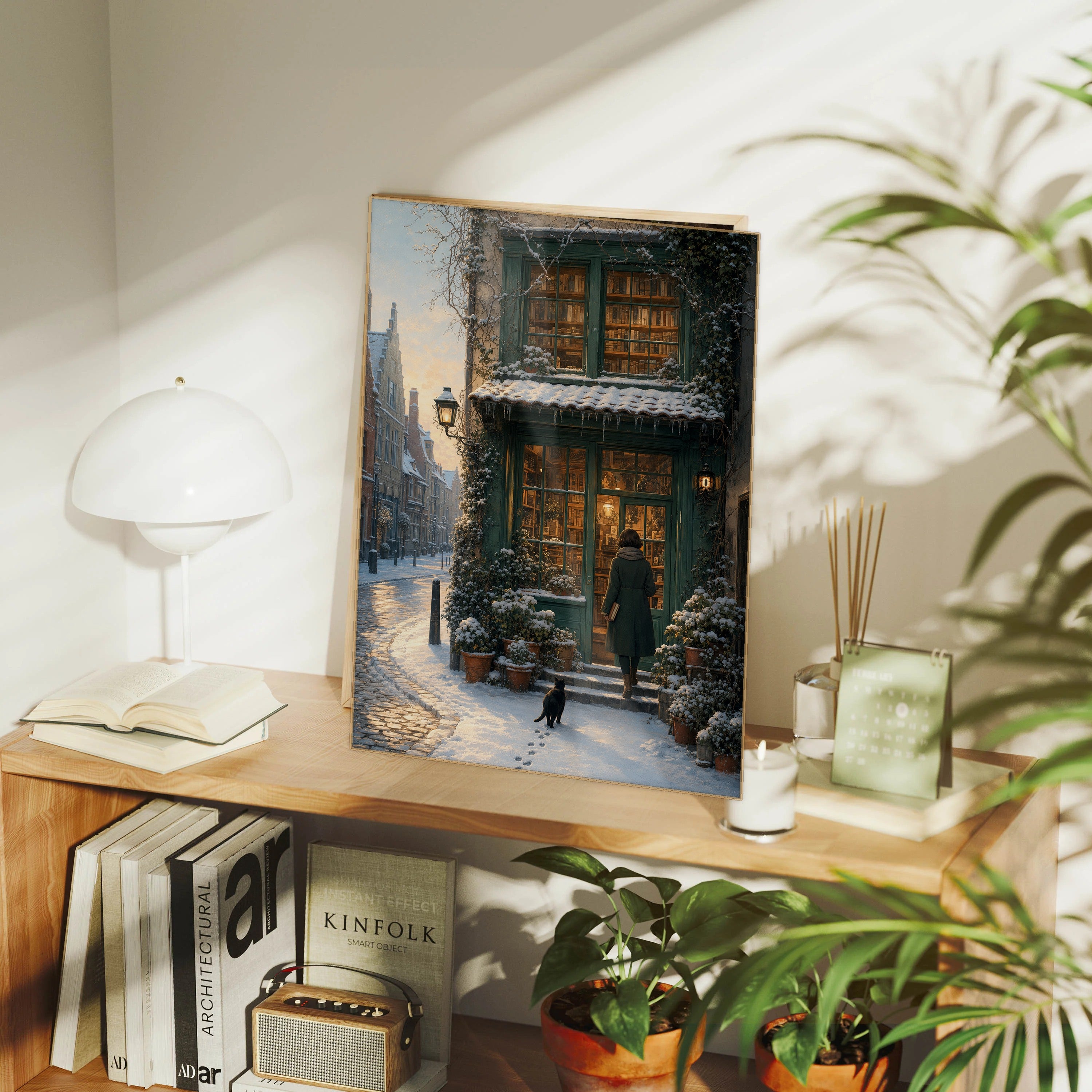 Bruges Winter Dawn Bookshop framed wall art print mockup by Seji Art