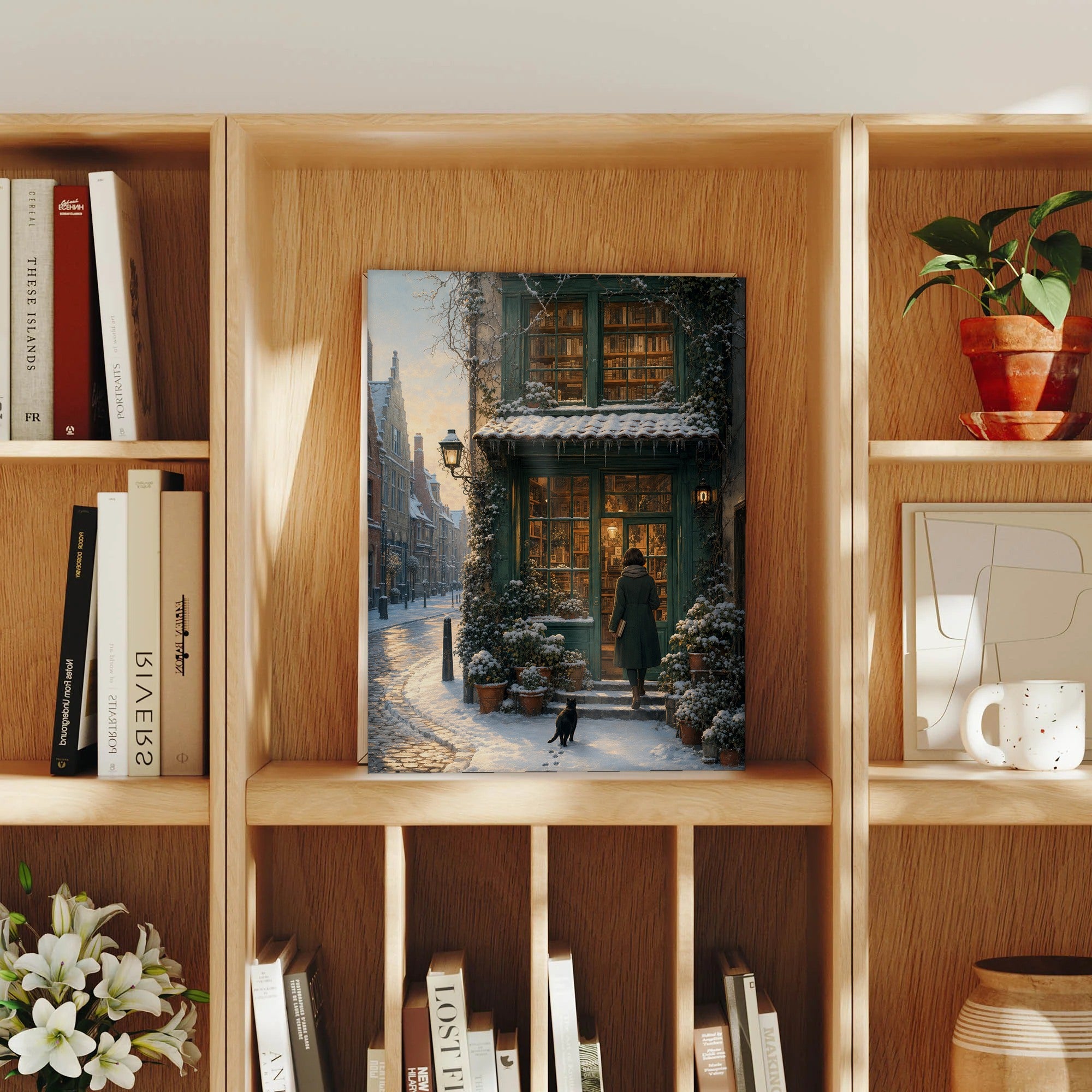 Bruges Winter Dawn Bookshop framed wall art print mockup by Seji Art