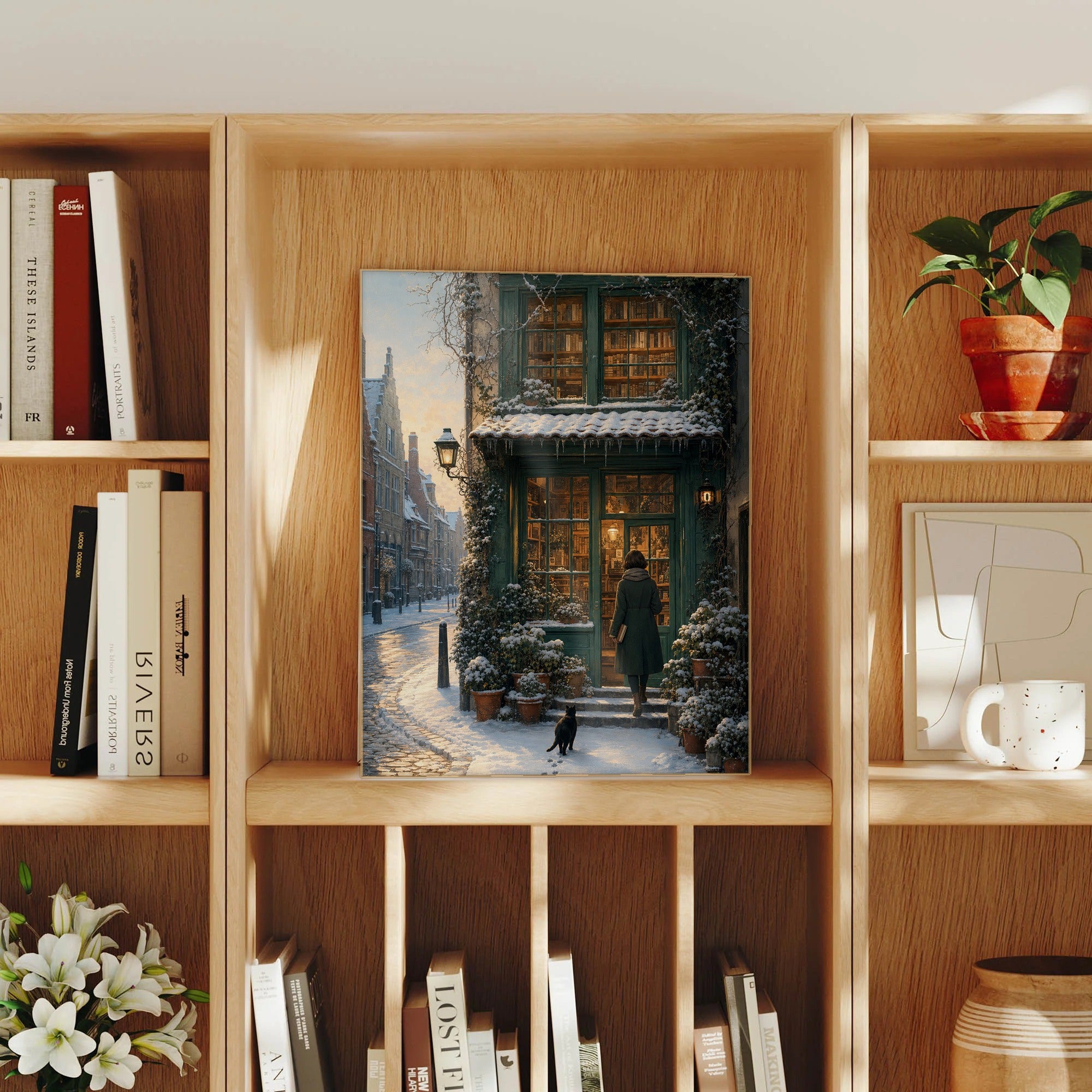 Bruges Winter Dawn Bookshop framed wall art print mockup by Seji Art