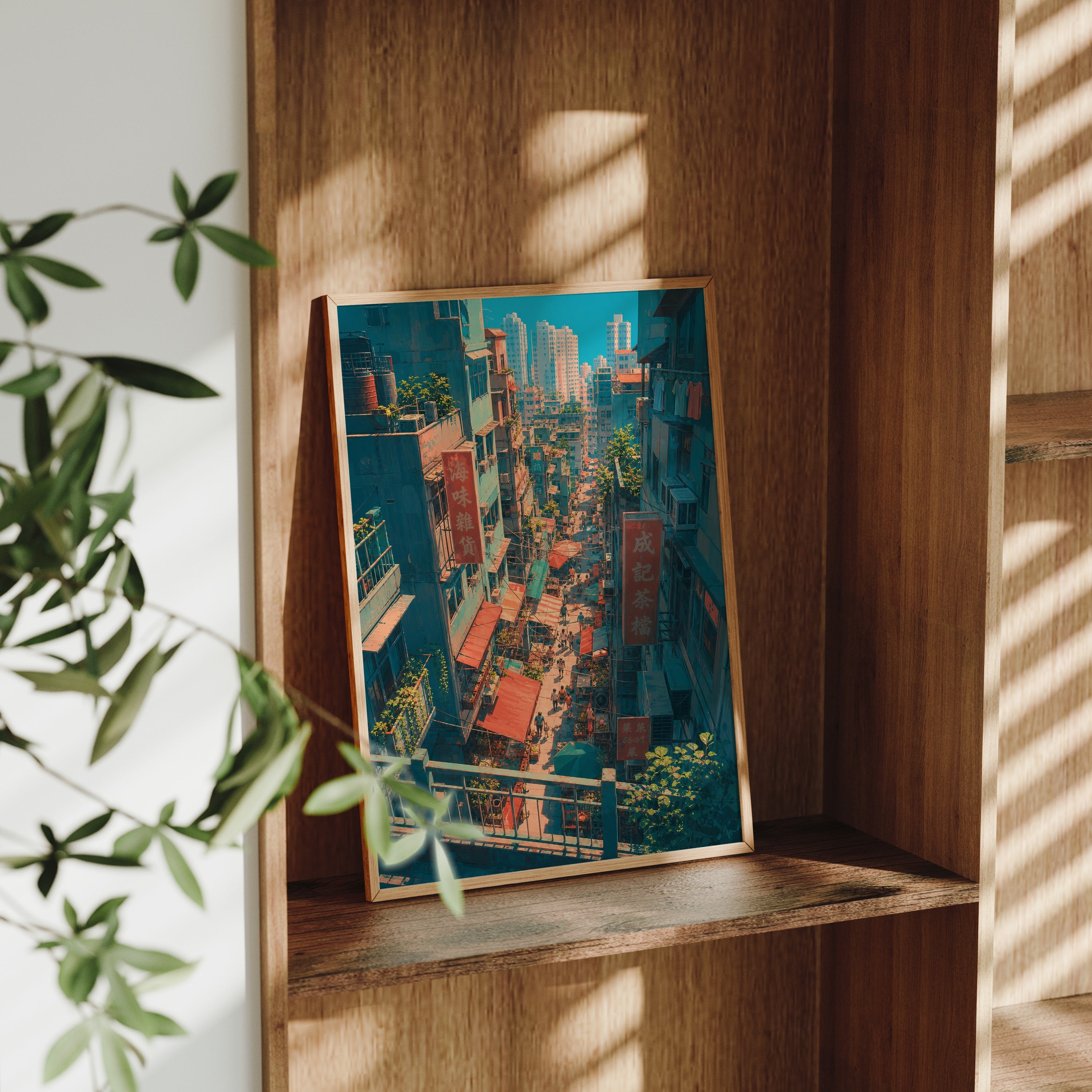 Central Hong Kong Hillside Market poster gallery shelf mockup by Seji Art