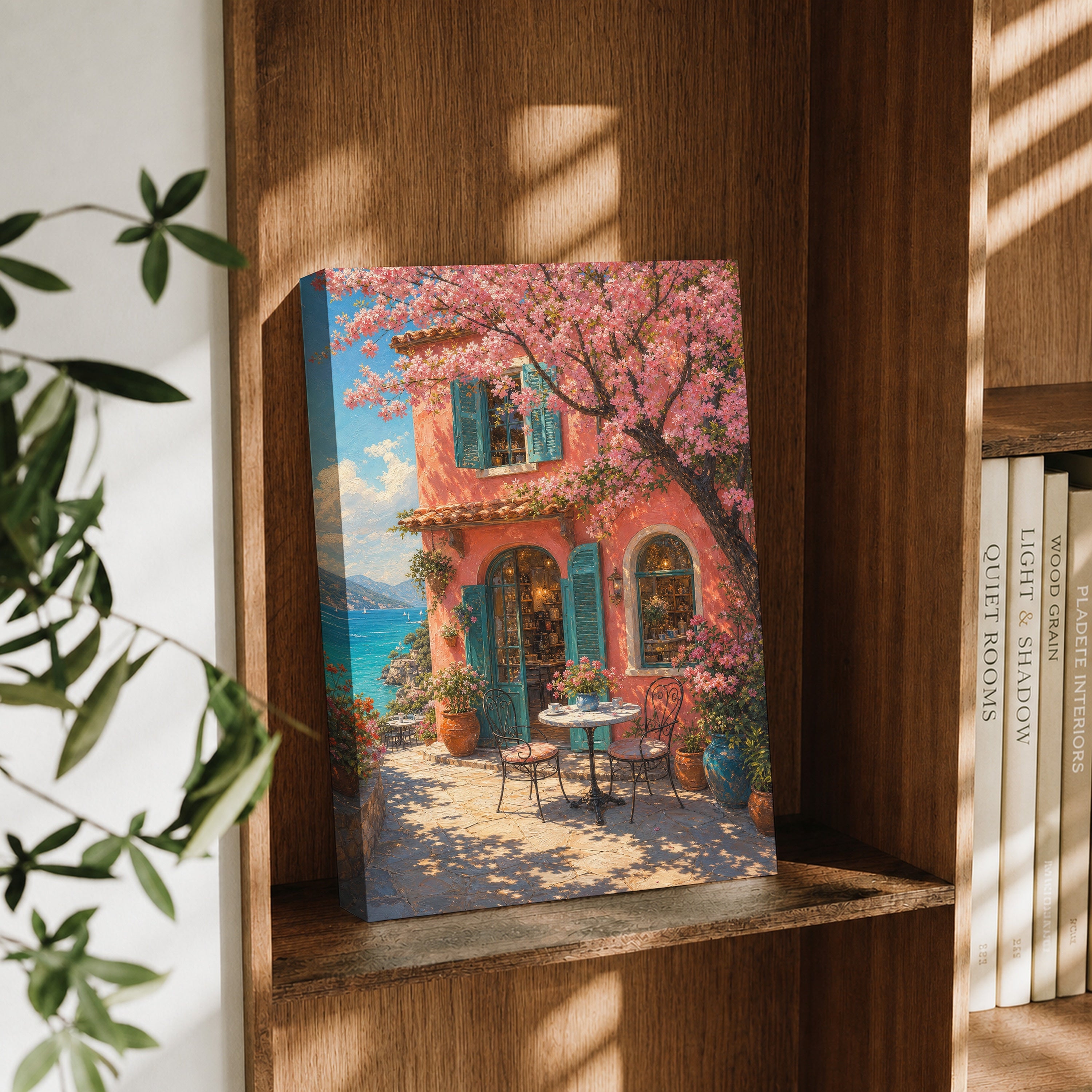 Cherry Blossom Courtyard Window canvas wall art decor mockup by Seji Art