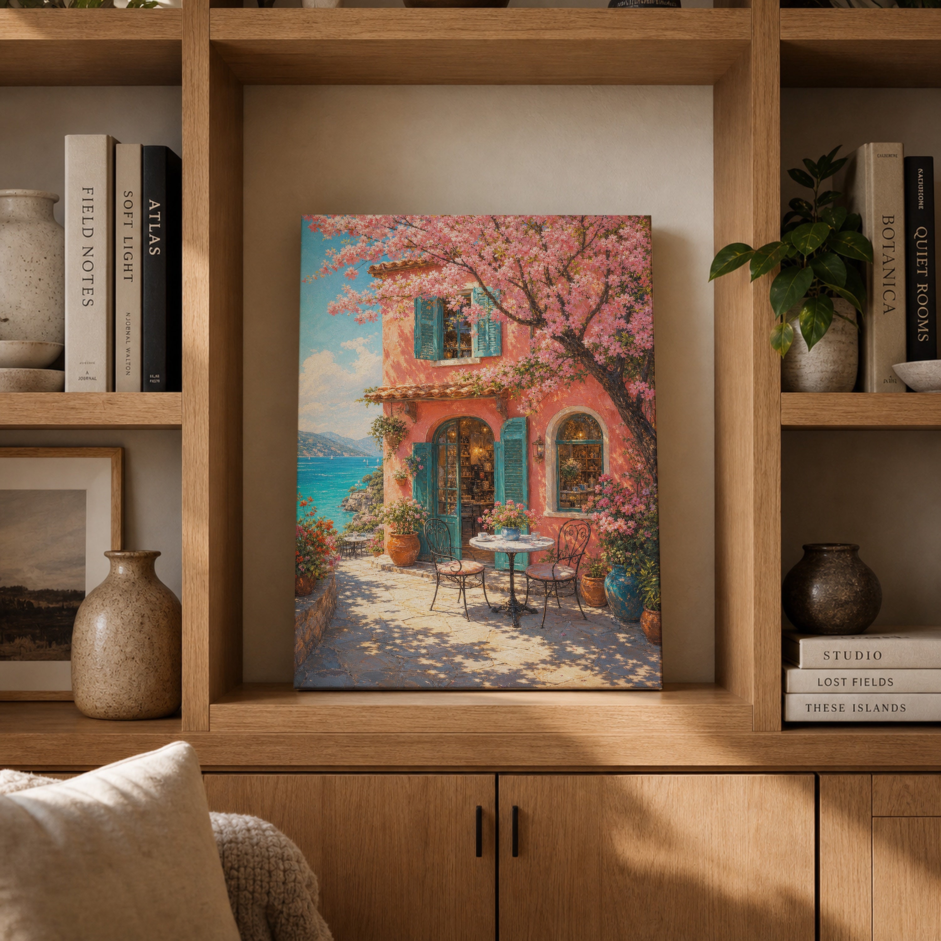 Cherry Blossom Courtyard Window canvas gallery shelf mockup by Seji Art
