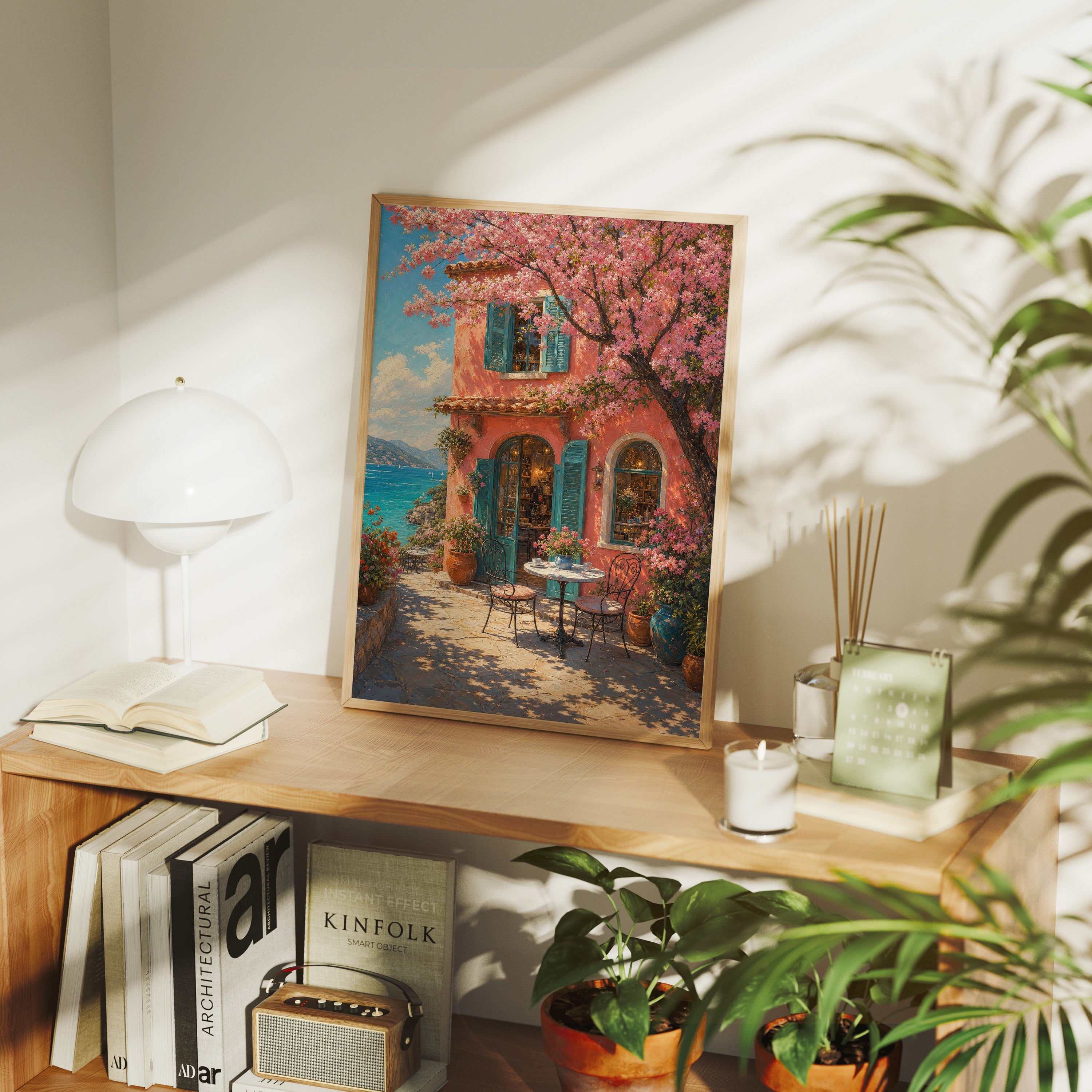 Cherry Blossom Courtyard Window poster framed room mockup by Seji Art