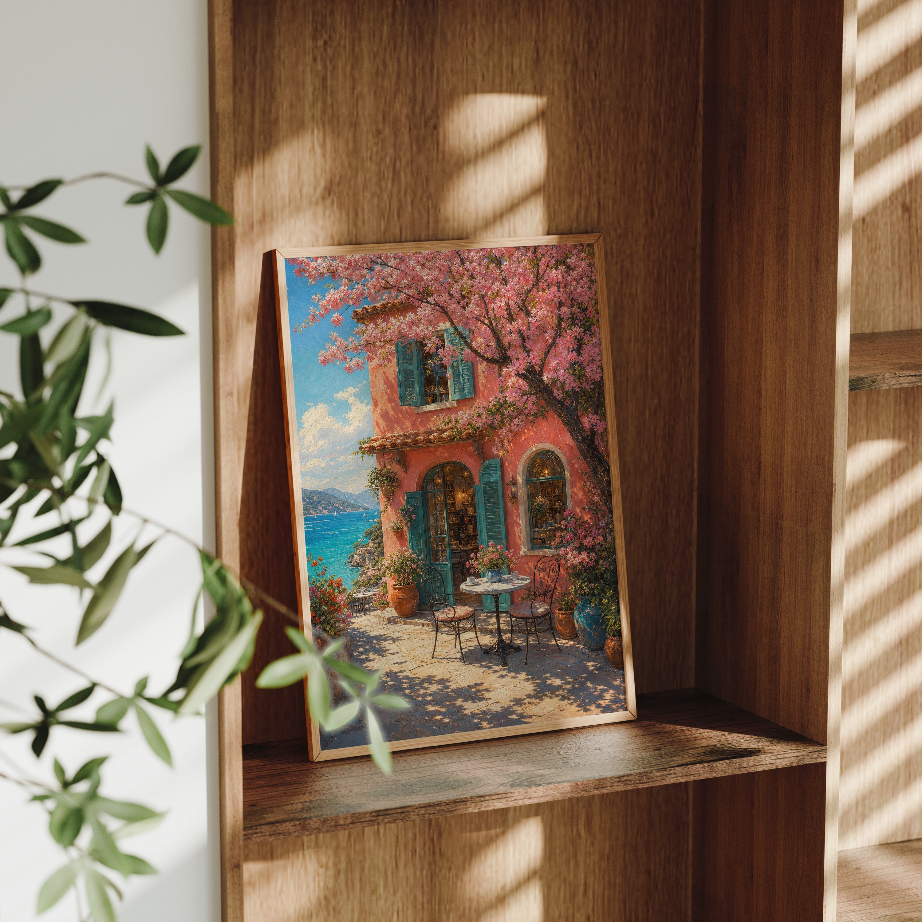 Cherry Blossom Courtyard Window poster gallery shelf mockup by Seji Art