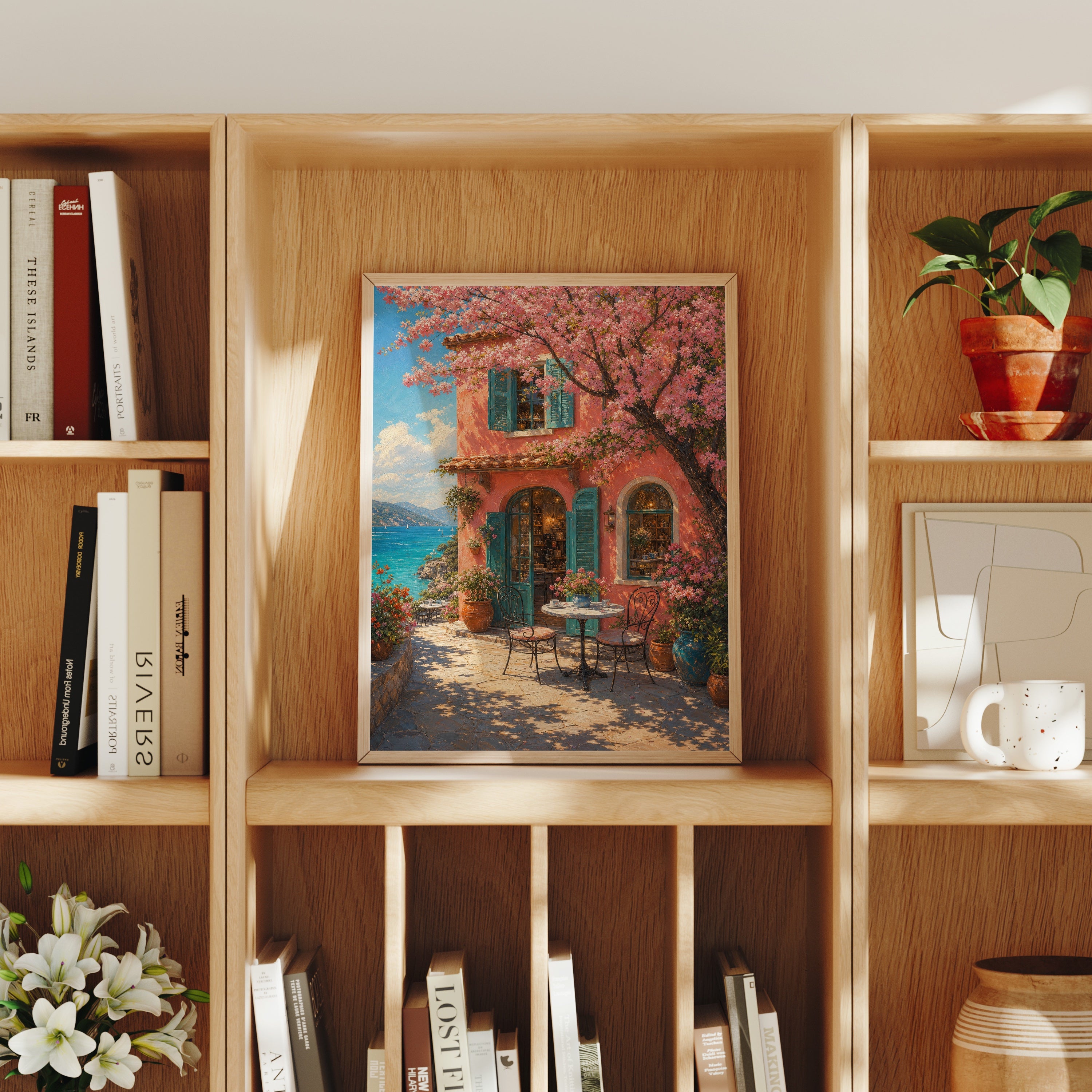 Cherry Blossom Courtyard Window poster home decor mockup by Seji Art