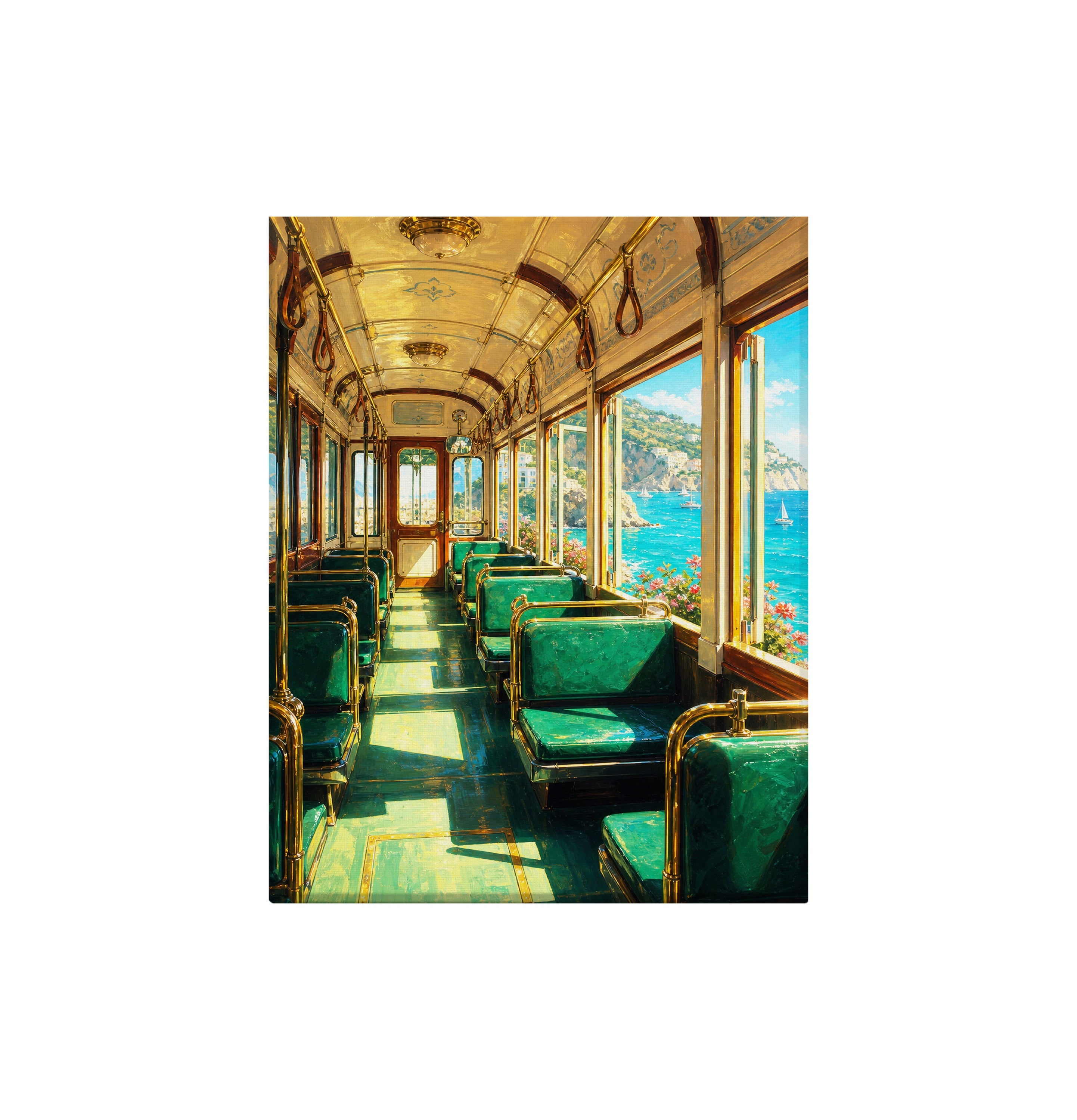 Coastal Green Train Car canvas wall art preview by Seji Art