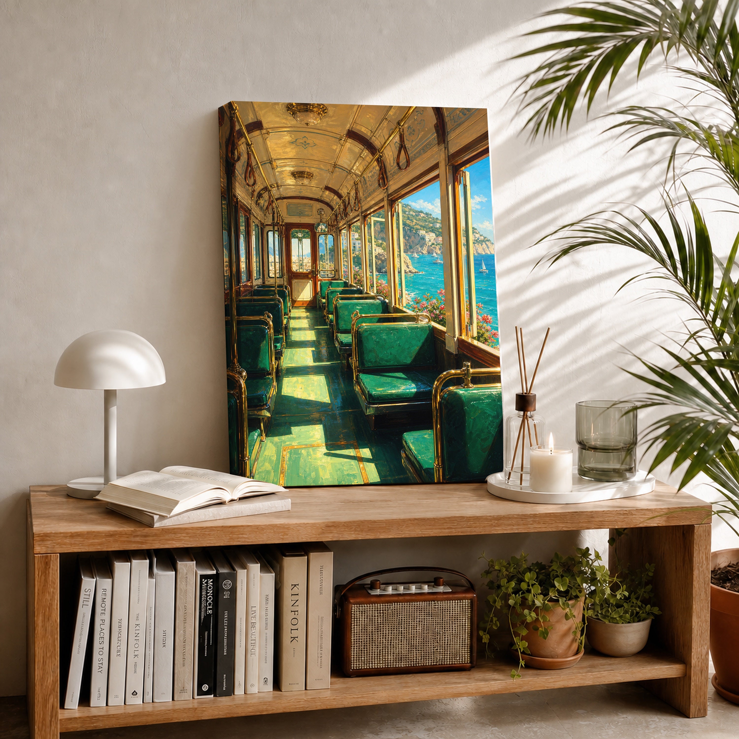 Coastal Green Train Car canvas room mockup by Seji Art