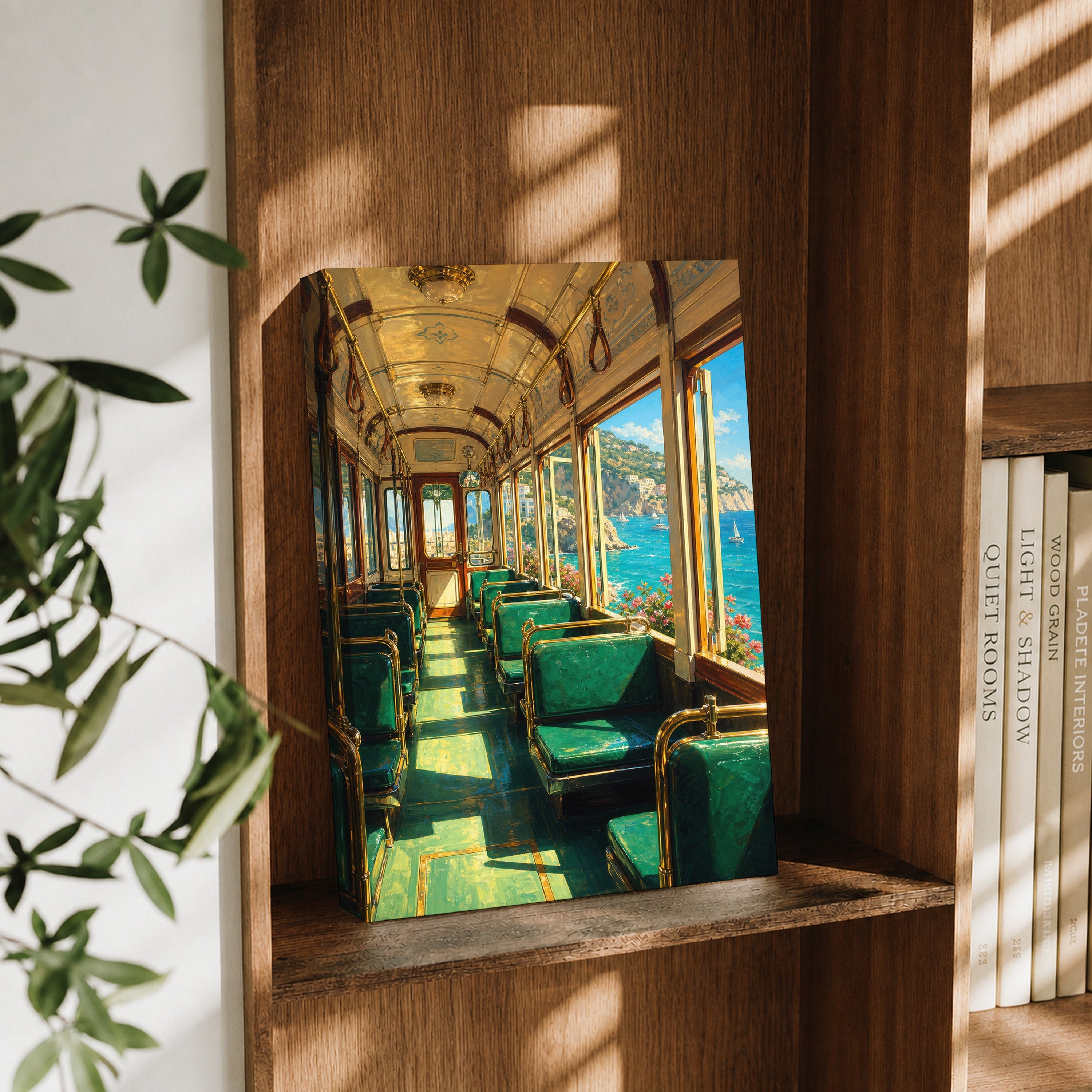 Coastal Green Train Car canvas wall art decor mockup by Seji Art
