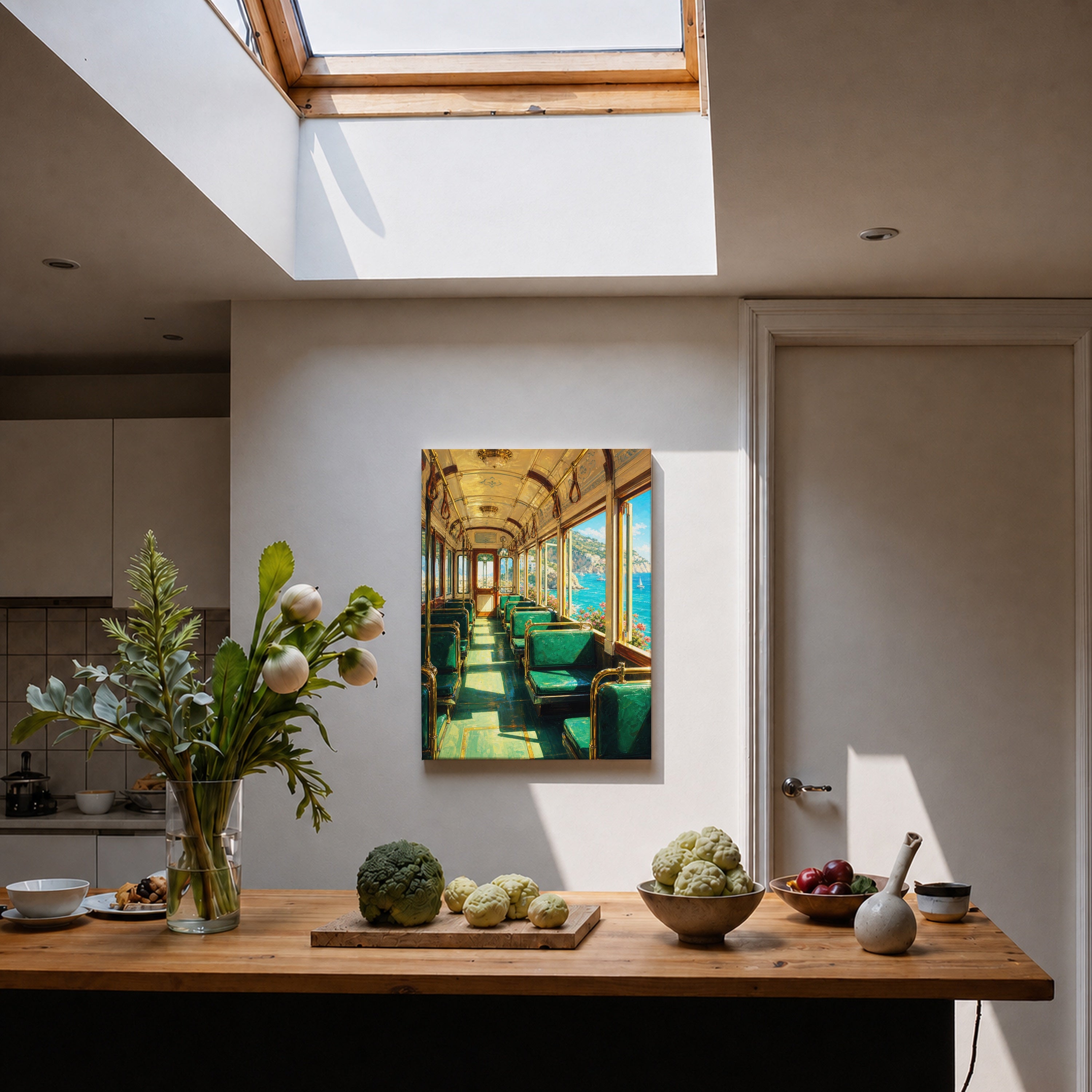 Coastal Green Train Car canvas home decor mockup by Seji Art