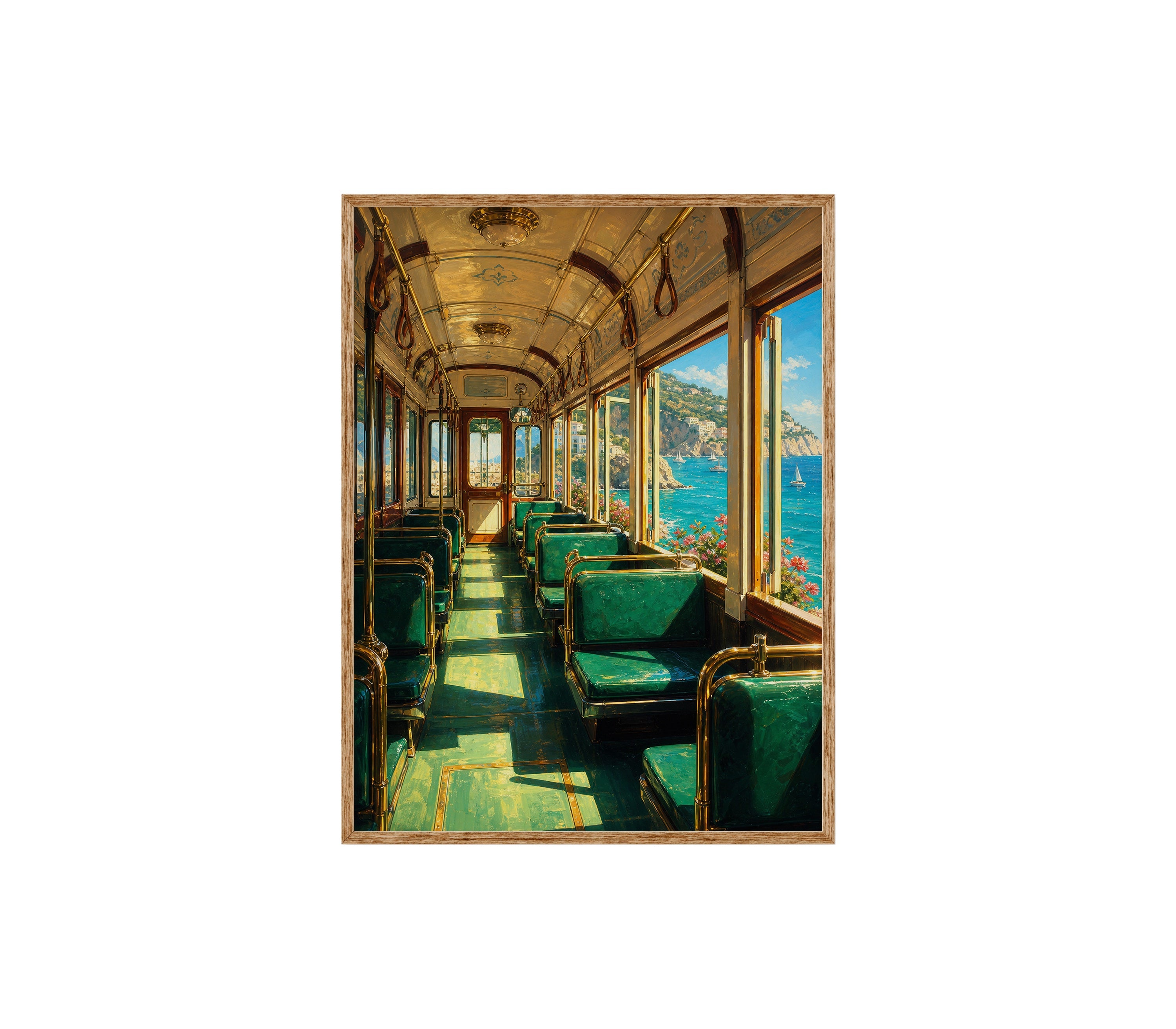 Coastal Green Train Car poster print preview by Seji Art