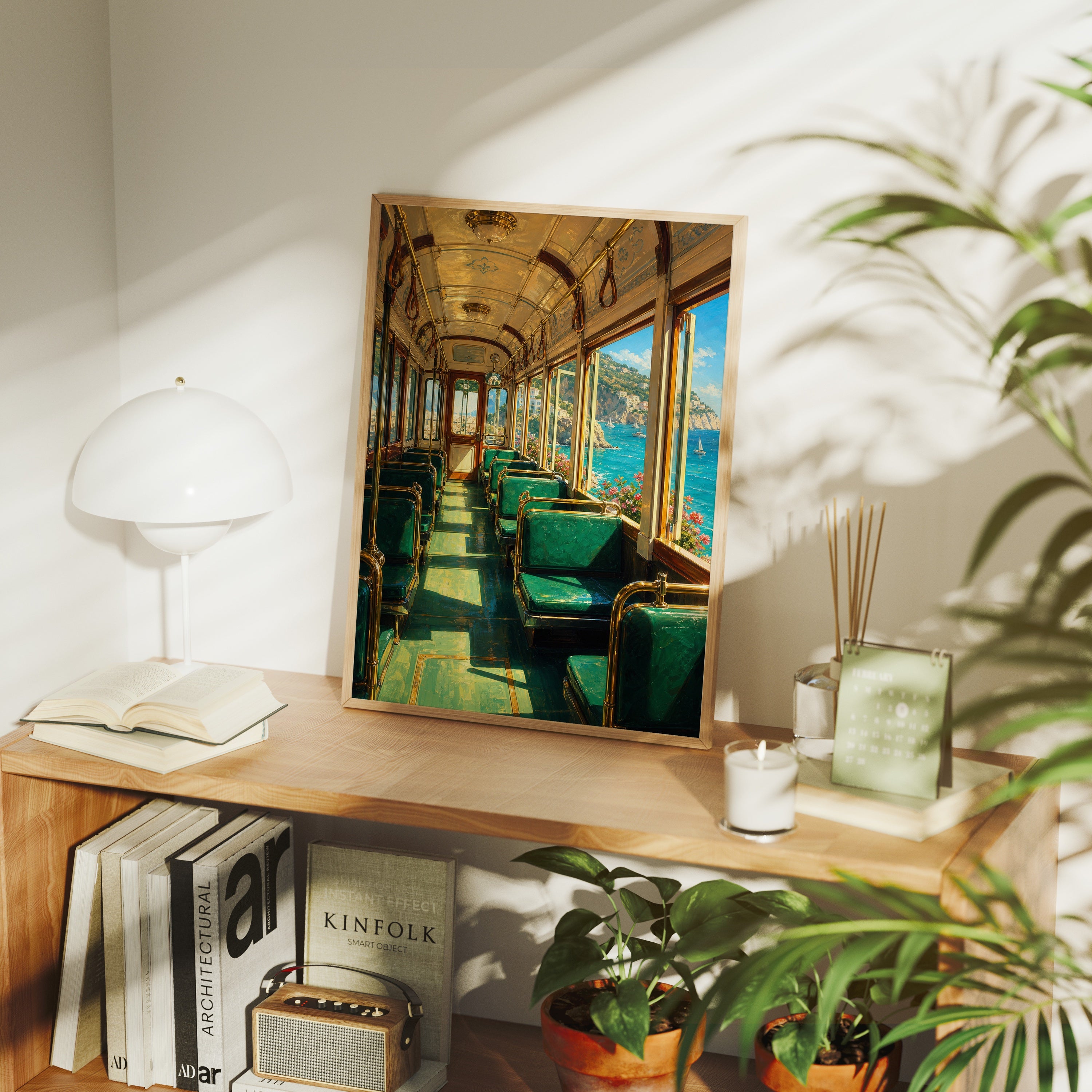 Coastal Green Train Car poster framed room mockup by Seji Art