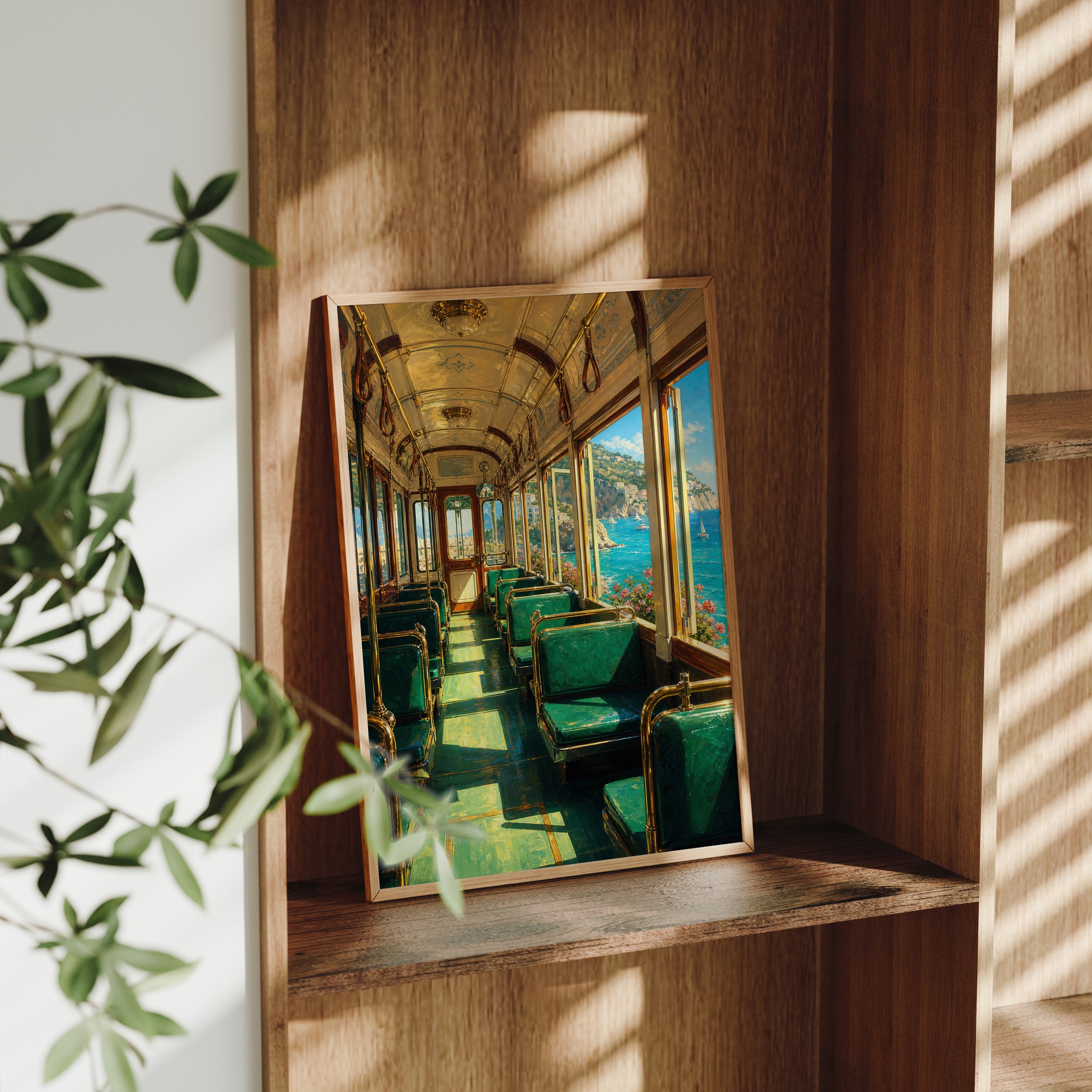 Coastal Green Train Car poster gallery shelf mockup by Seji Art