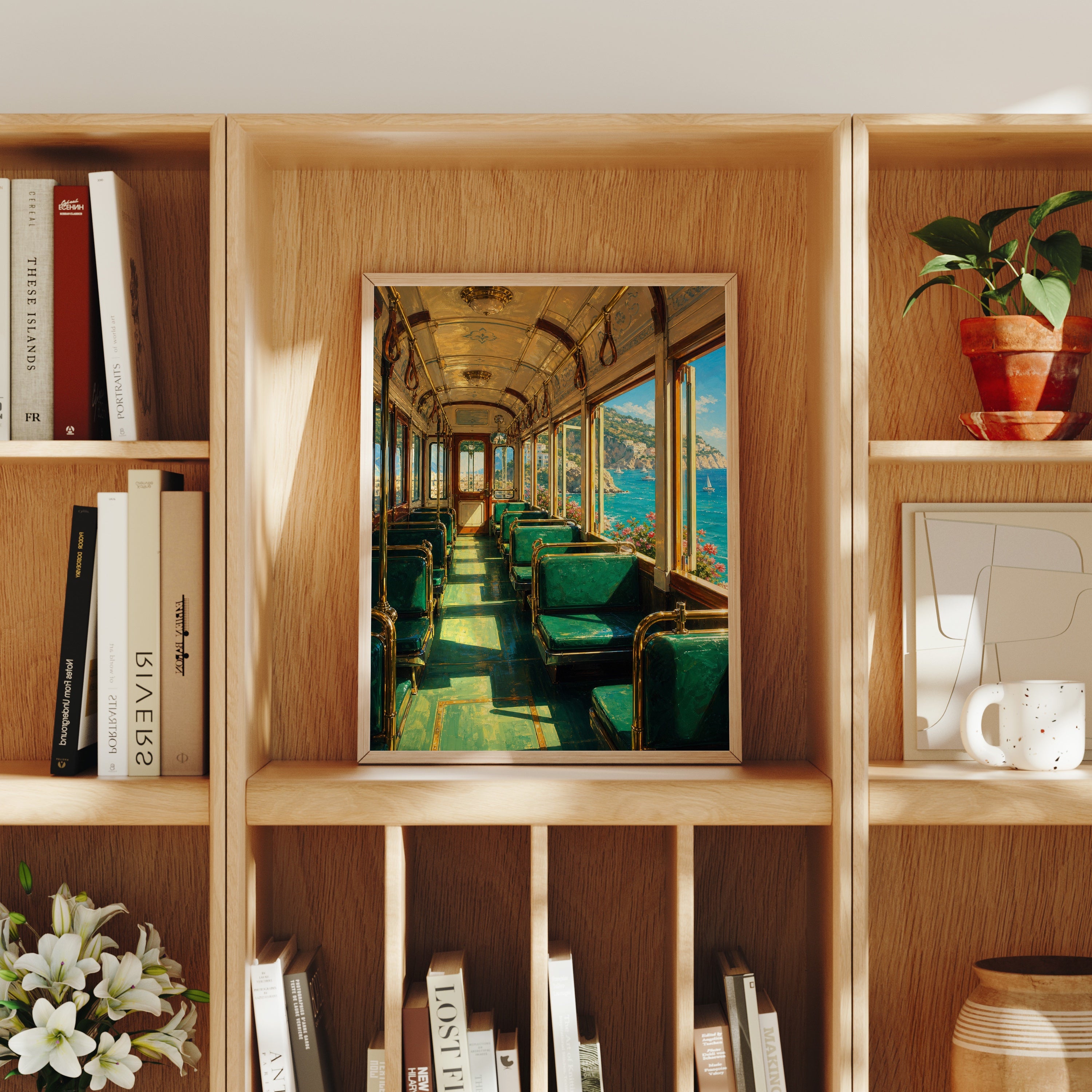 Coastal Green Train Car poster home decor mockup by Seji Art