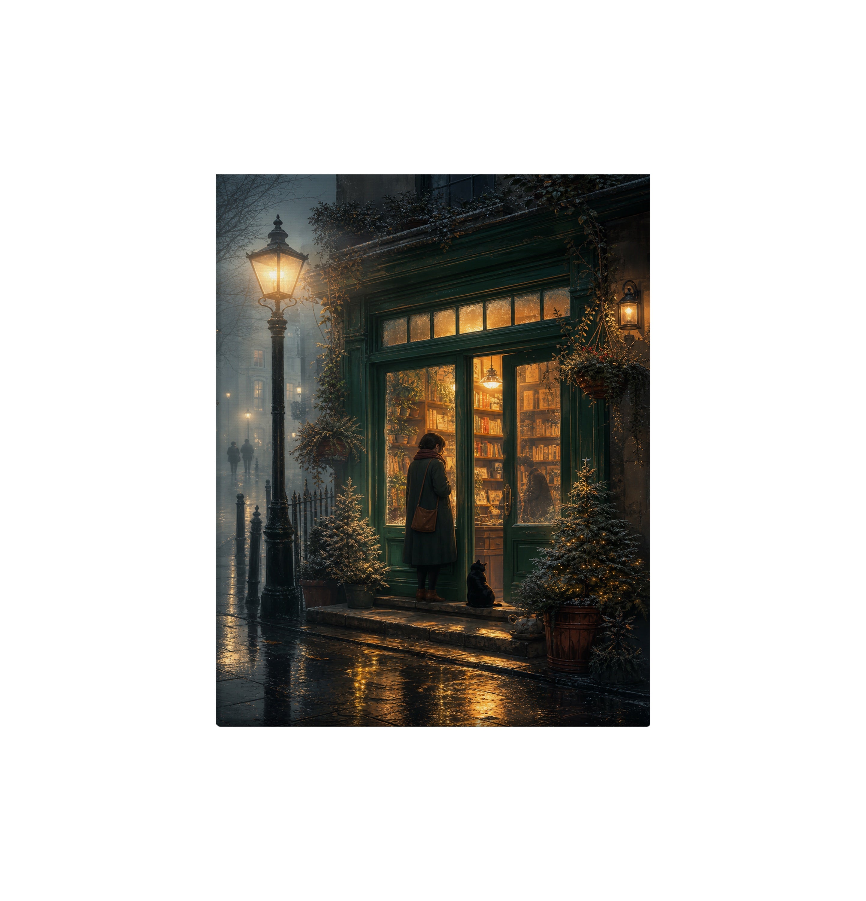 Edinburgh Lamp Post Bookstore Rain canvas wall art preview by Seji Art