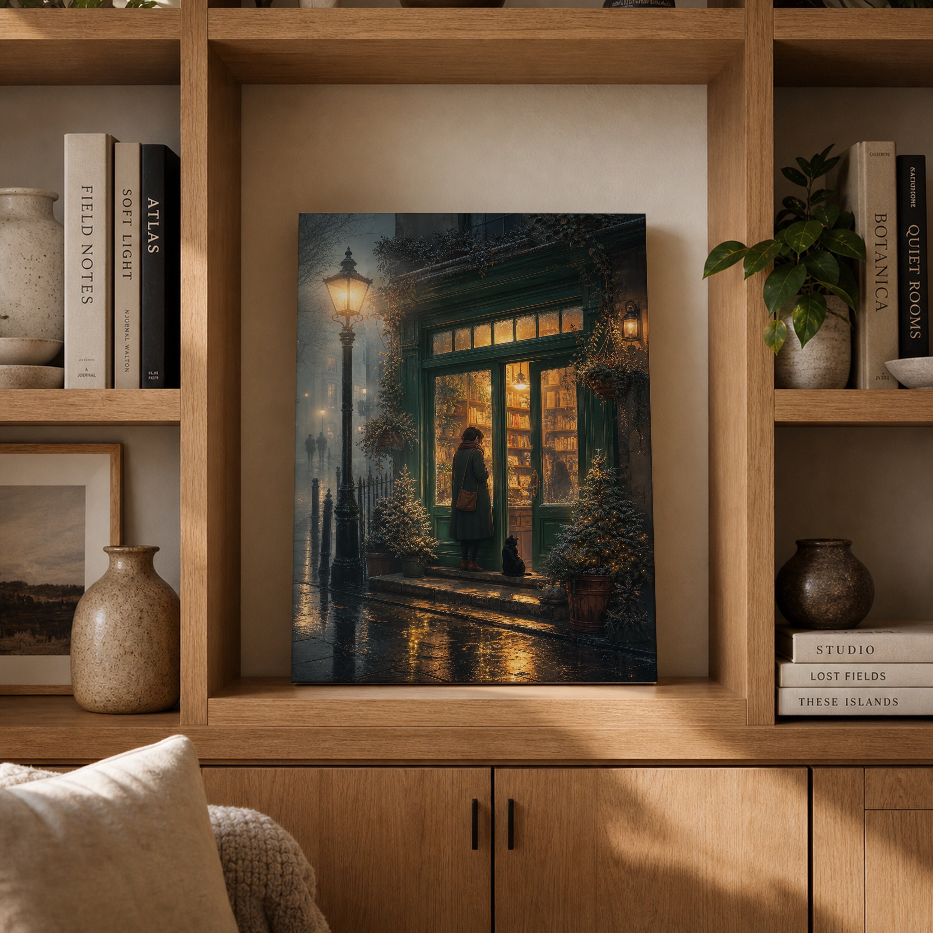 Edinburgh Lamp Post Bookstore Rain canvas gallery shelf mockup by Seji Art