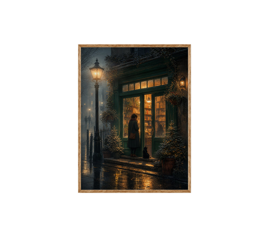 Edinburgh Lamp Post Bookstore Rain poster print preview by Seji Art