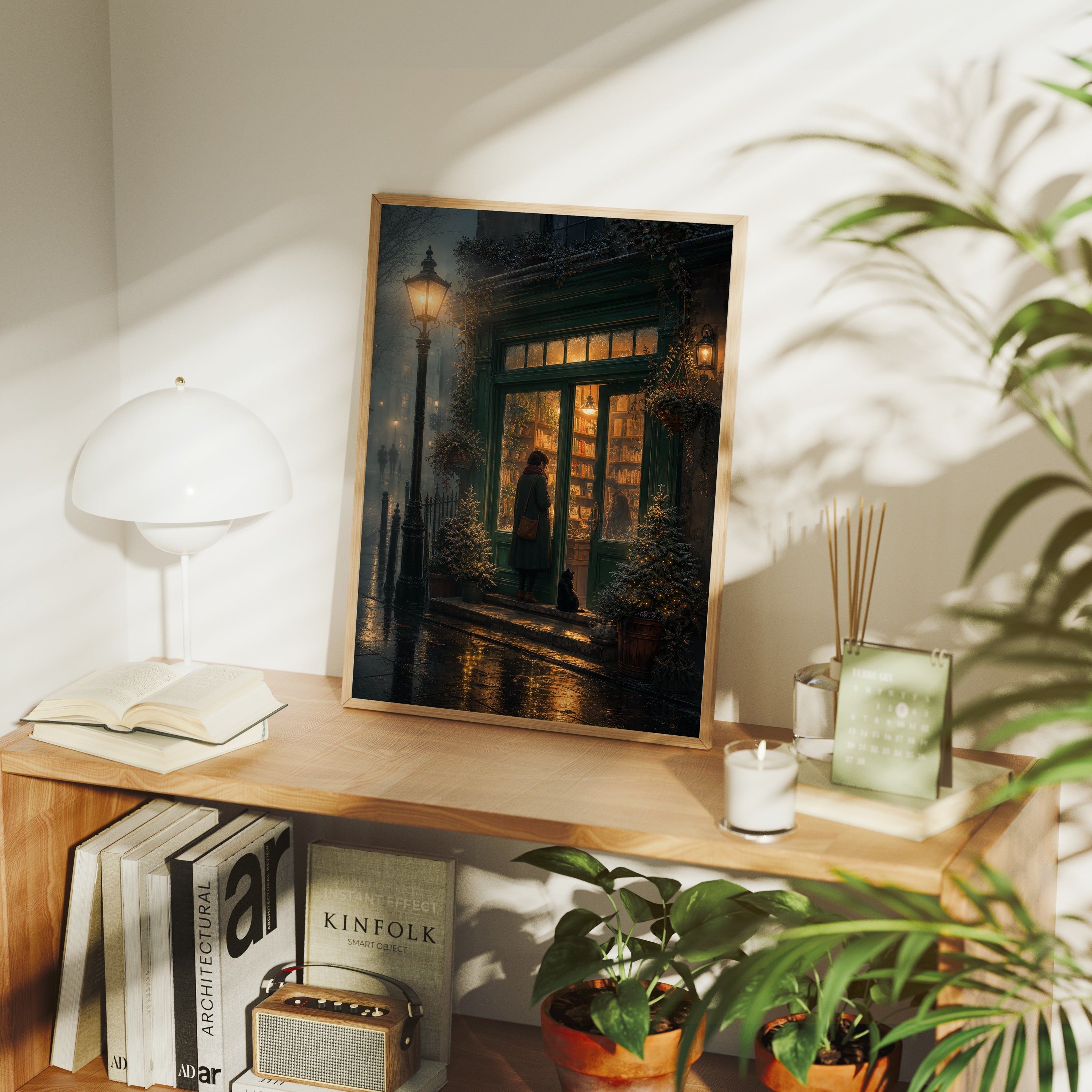 Edinburgh Lamp Post Bookstore Rain poster framed room mockup by Seji Art