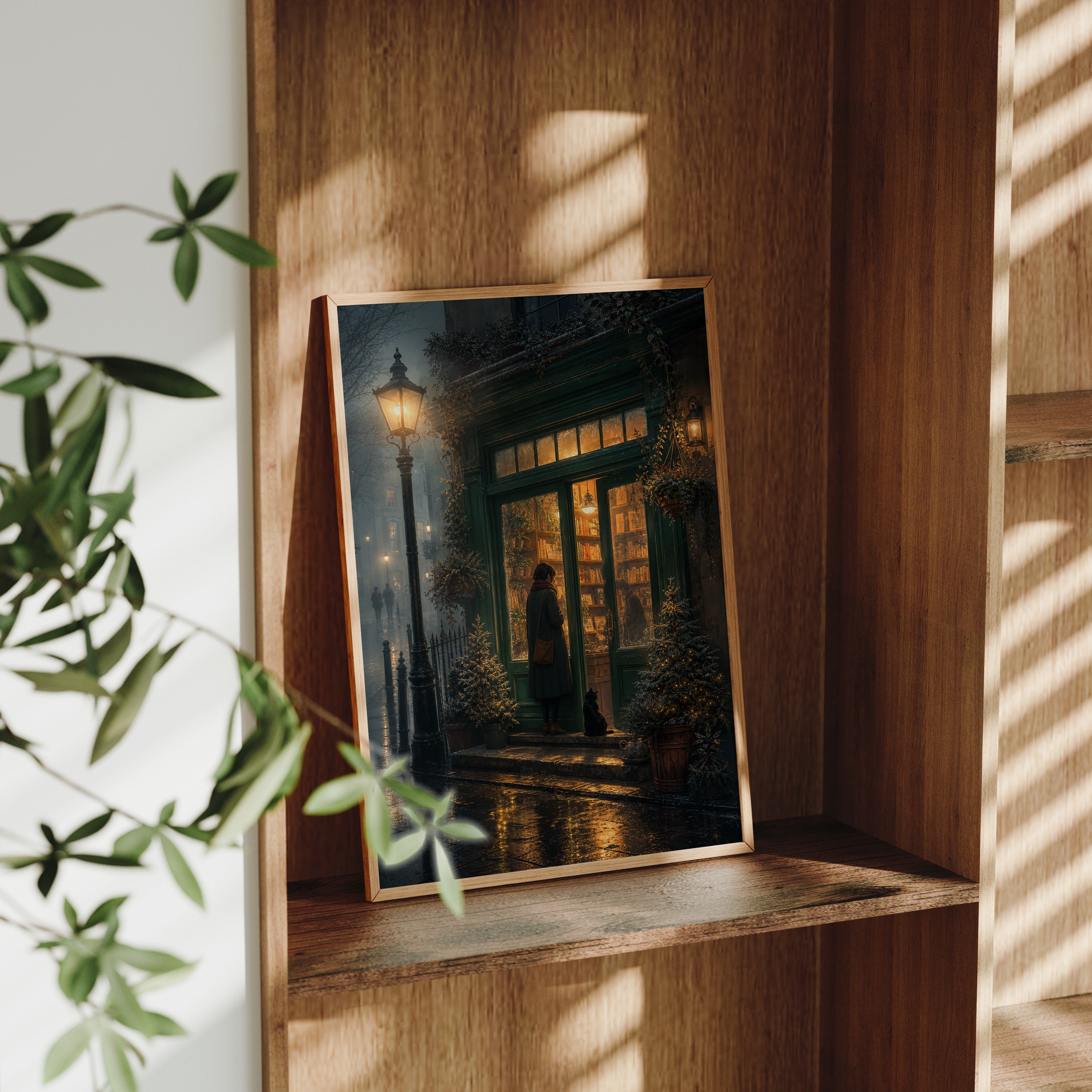 Edinburgh Lamp Post Bookstore Rain poster gallery shelf mockup by Seji Art