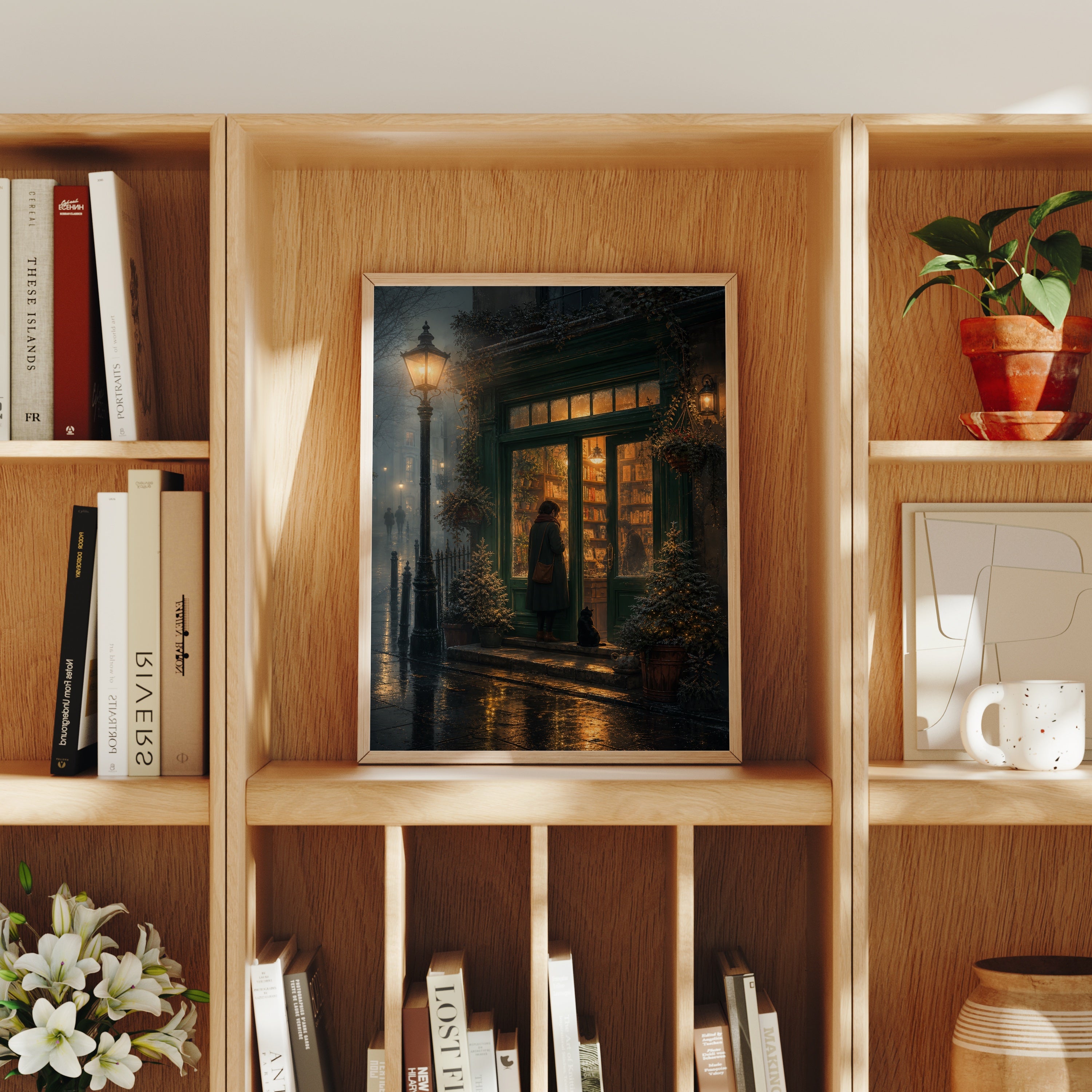 Edinburgh Lamp Post Bookstore Rain poster home decor mockup by Seji Art