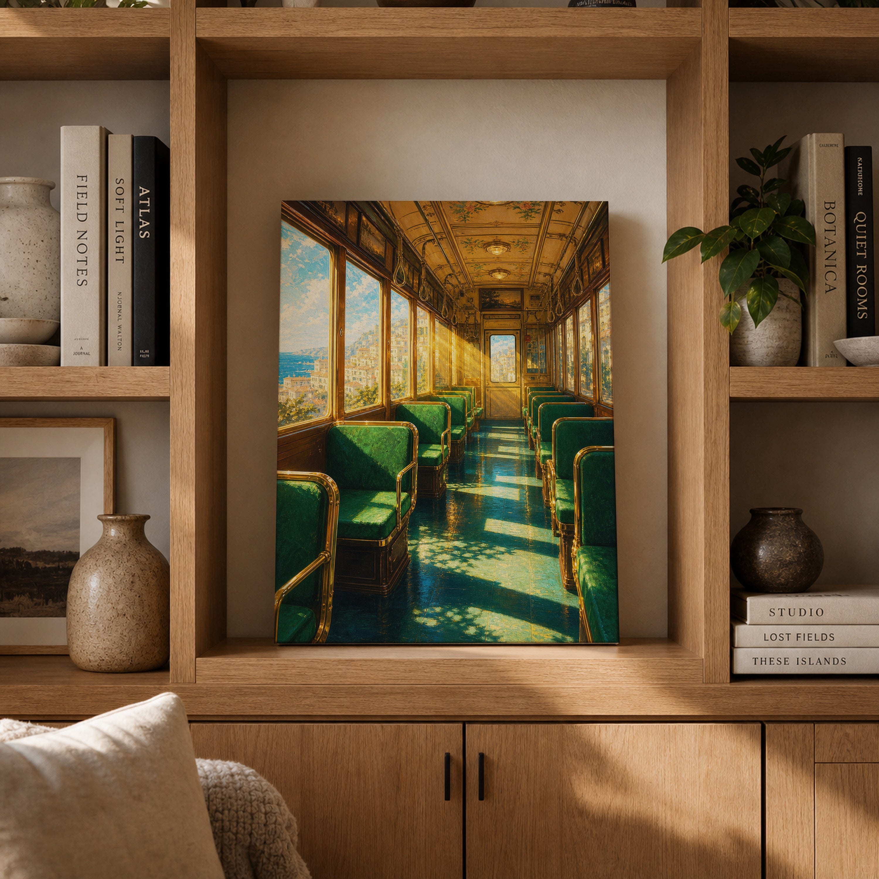 Emerald Vintage Train Car canvas gallery shelf mockup by Seji Art
