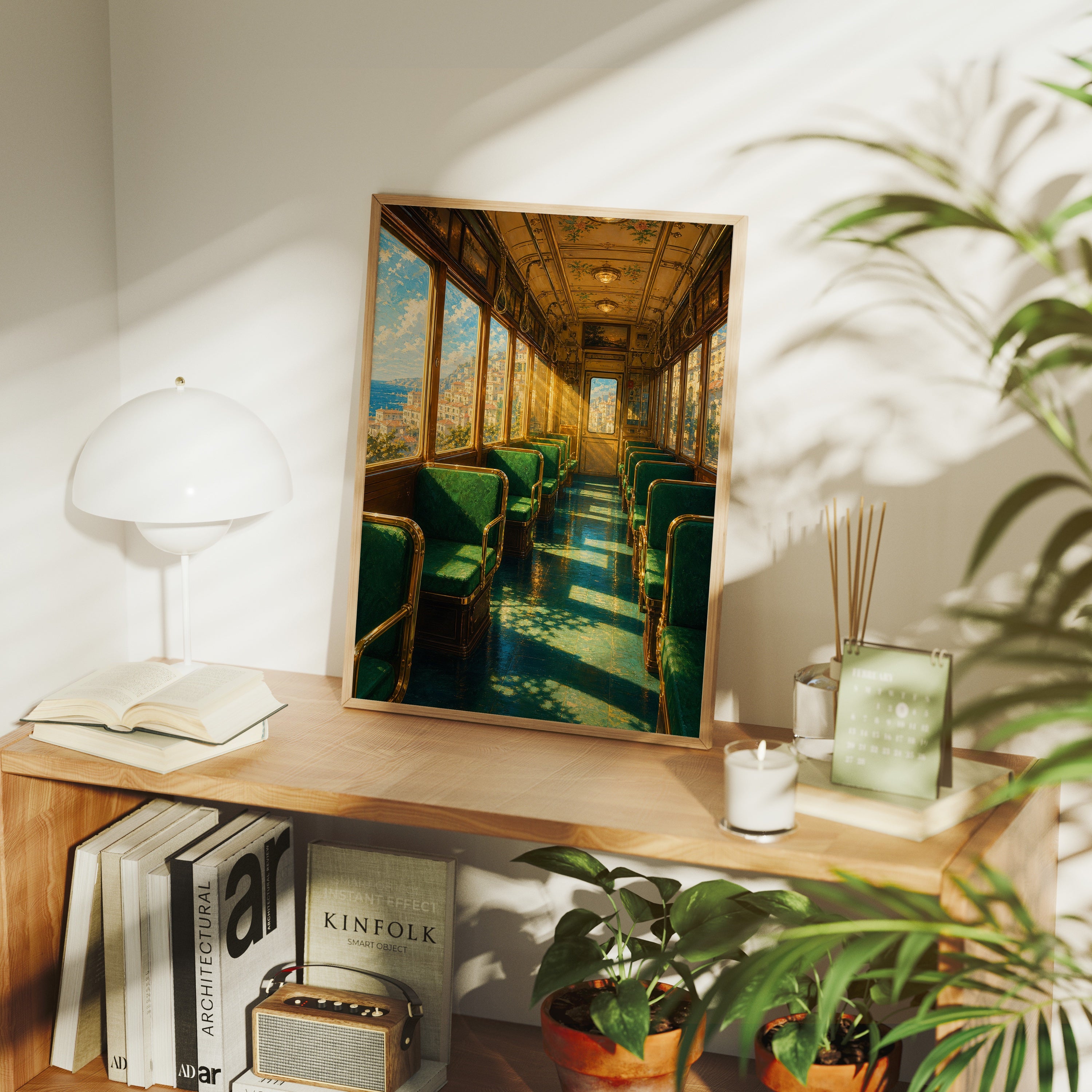 Emerald Vintage Train Car poster framed room mockup by Seji Art
