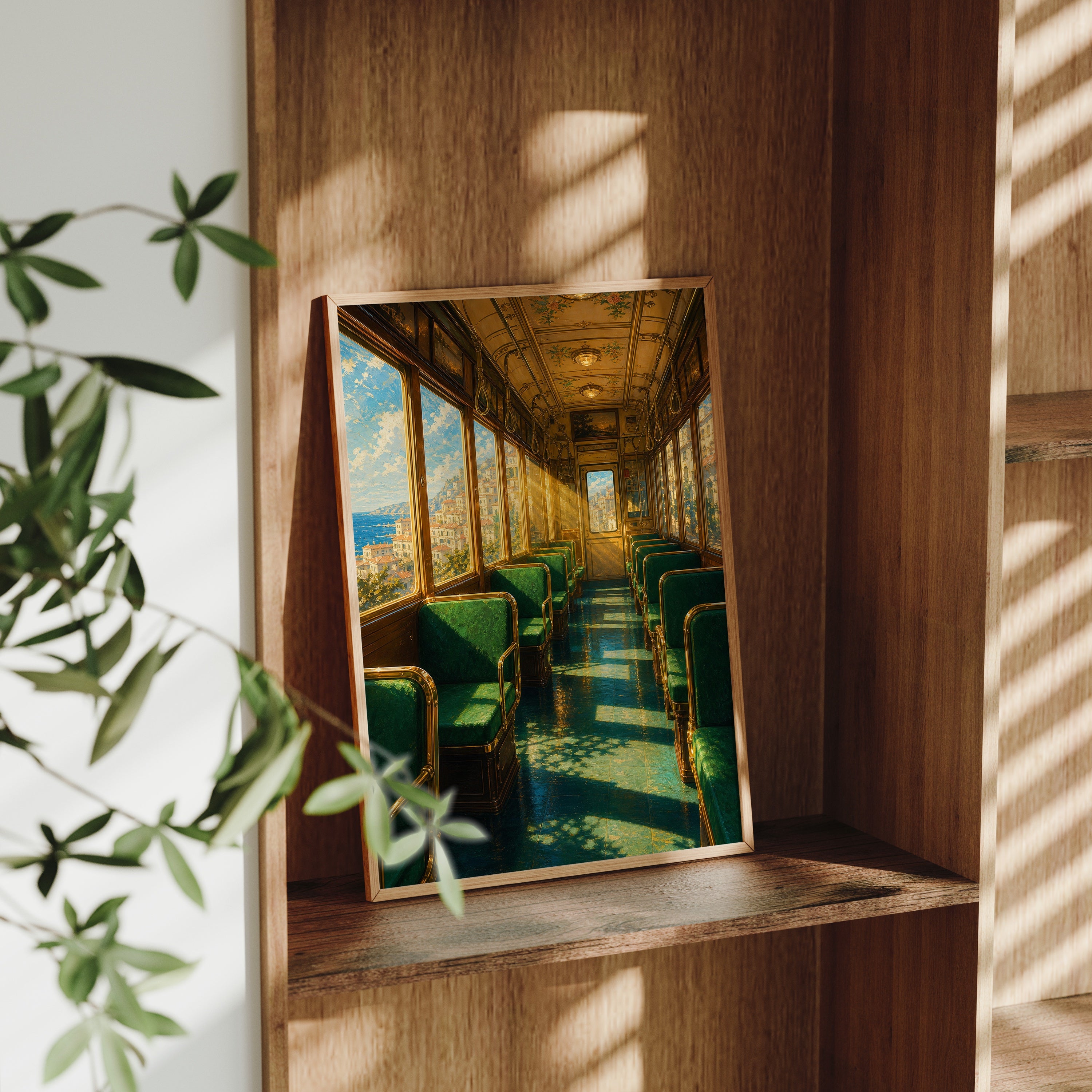 Emerald Vintage Train Car poster gallery shelf mockup by Seji Art