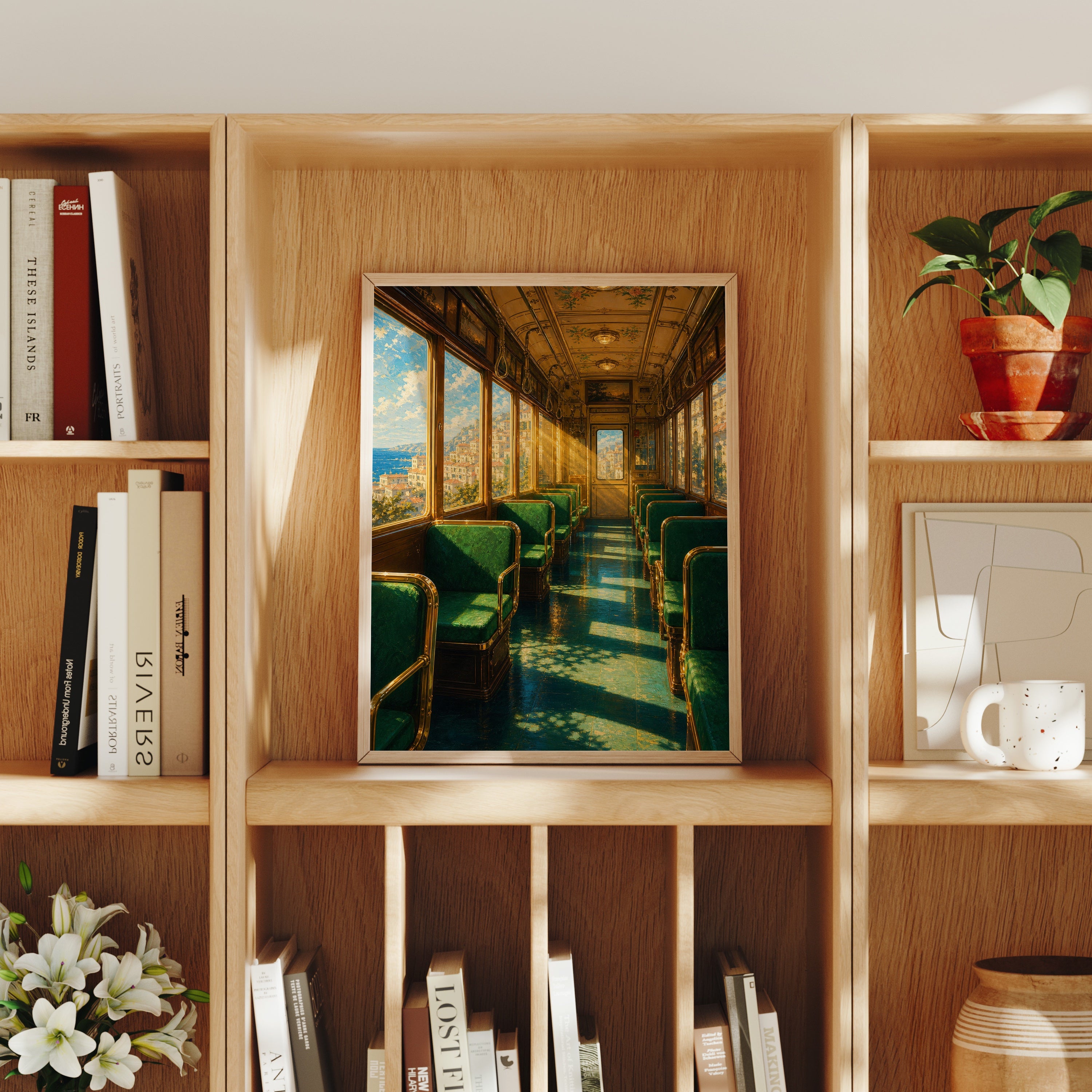 Emerald Vintage Train Car poster home decor mockup by Seji Art