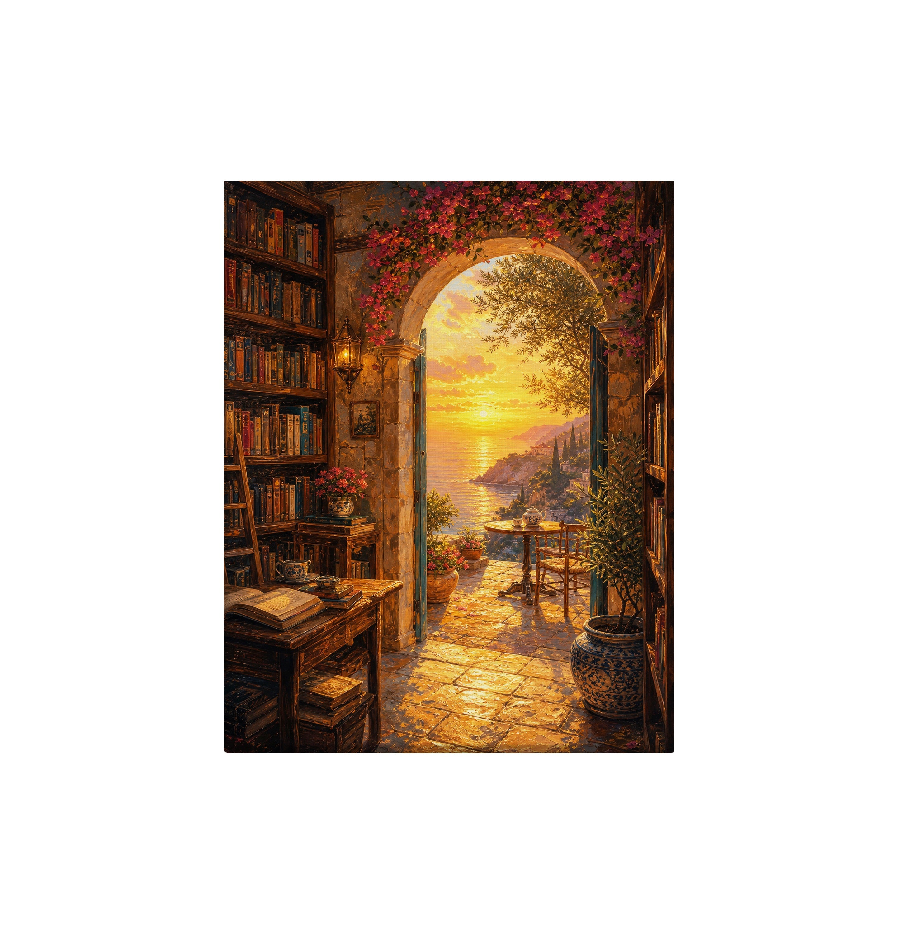 Golden Bookshop Archway canvas wall art preview by Seji Art