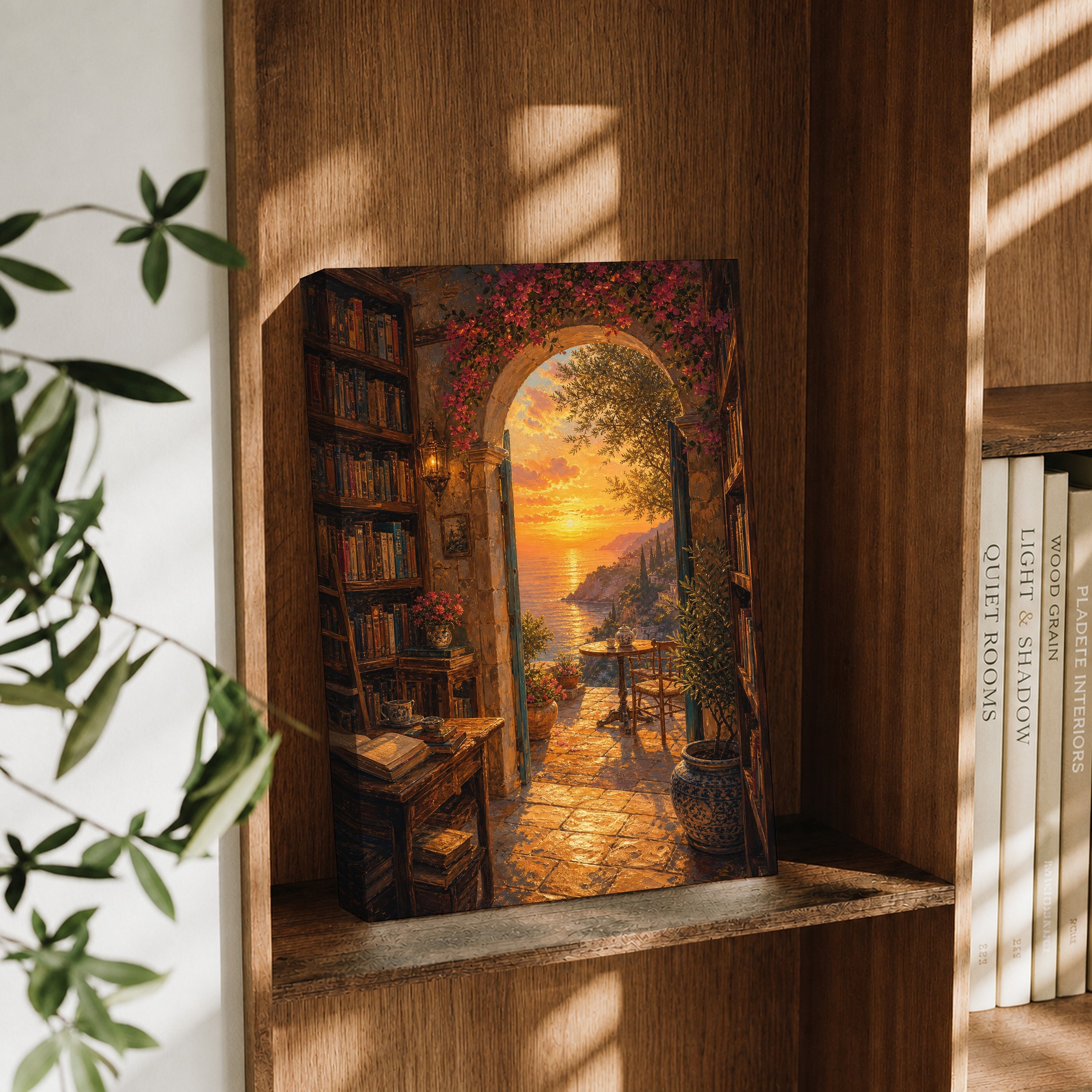 Golden Bookshop Archway canvas wall art decor mockup by Seji Art