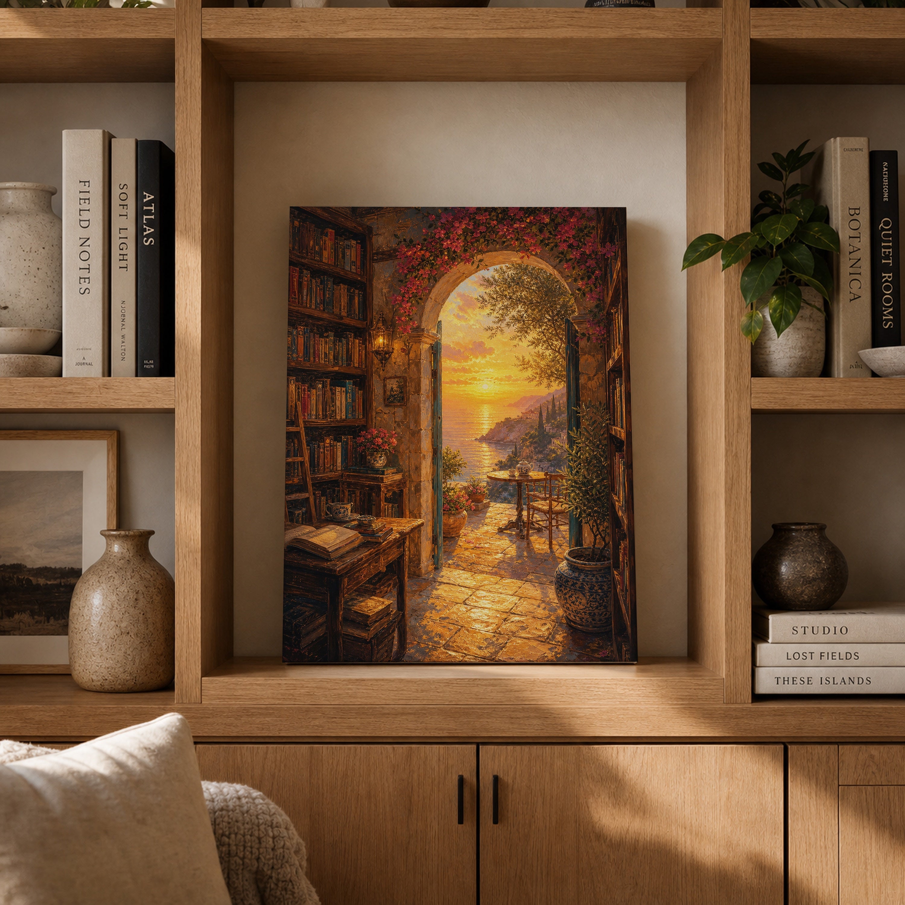 Golden Bookshop Archway canvas gallery shelf mockup by Seji Art