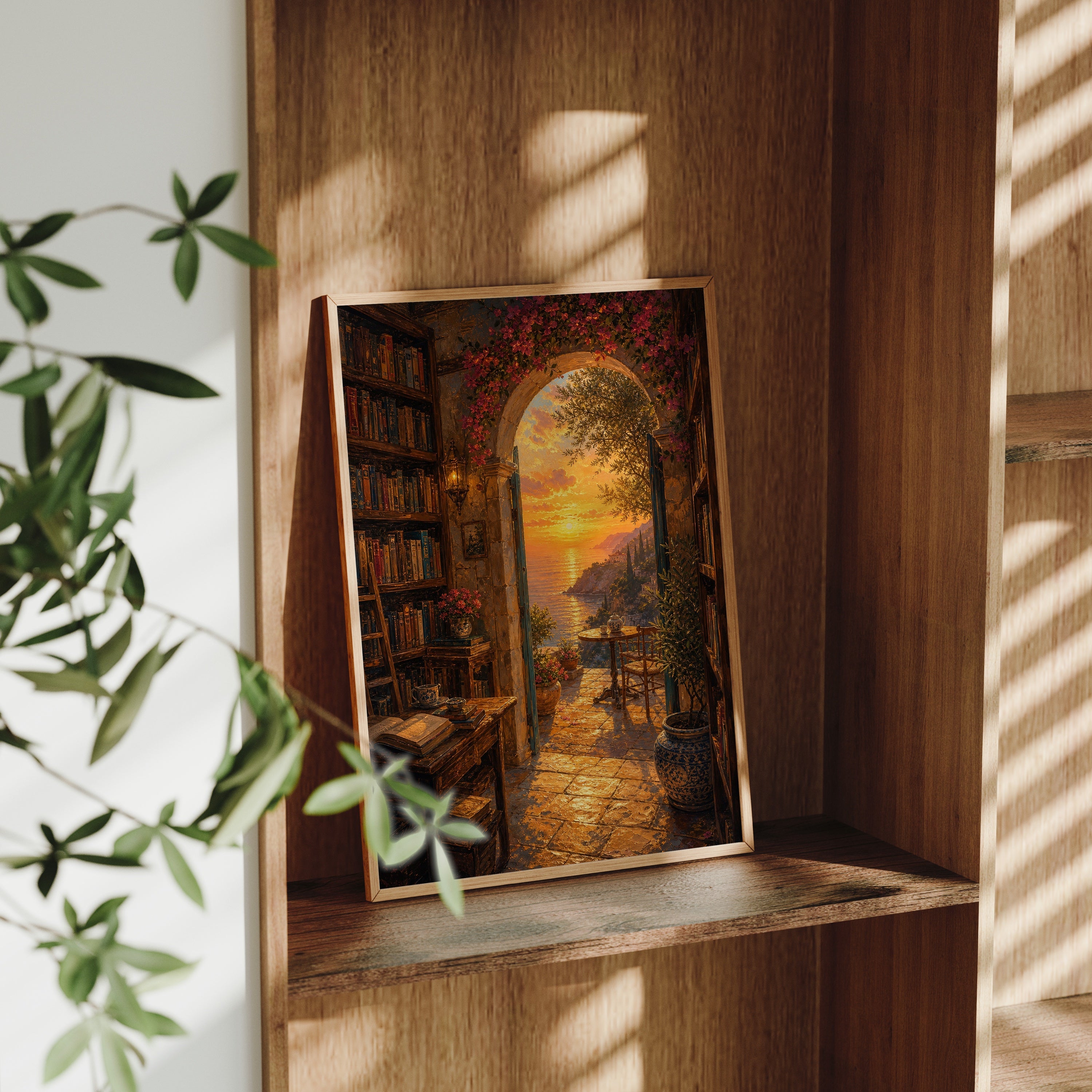 Golden Bookshop Archway poster gallery shelf mockup by Seji Art
