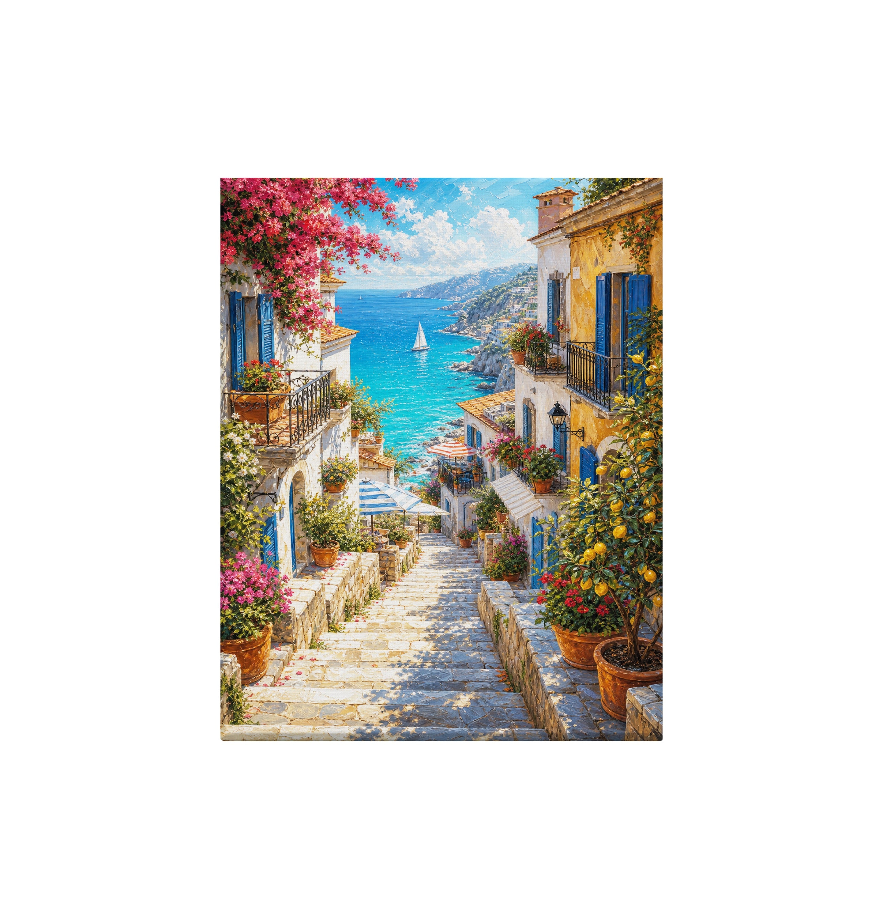 Greek Island Blooming Stairway canvas wall art preview by Seji Art
