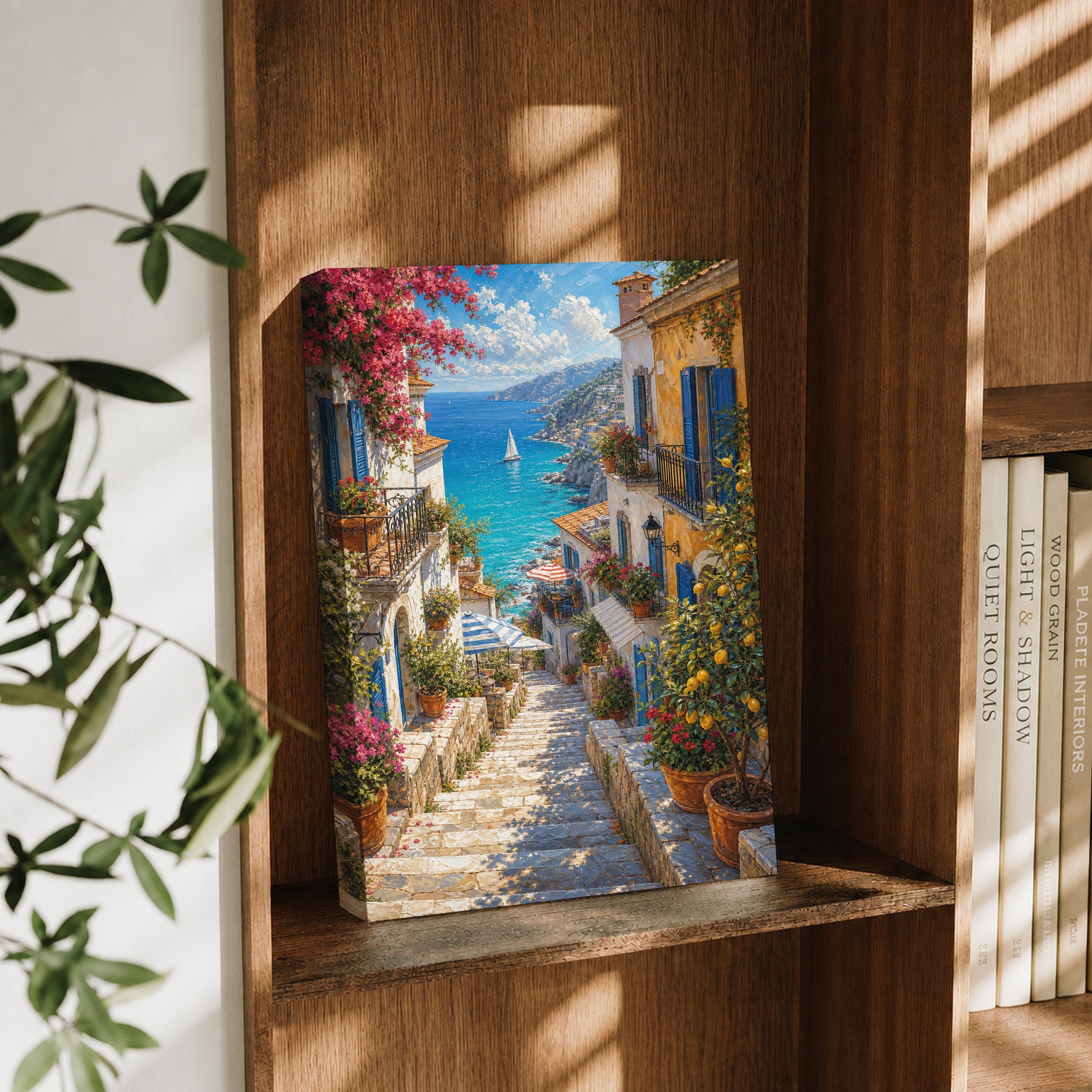Greek Island Blooming Stairway canvas wall art decor mockup by Seji Art