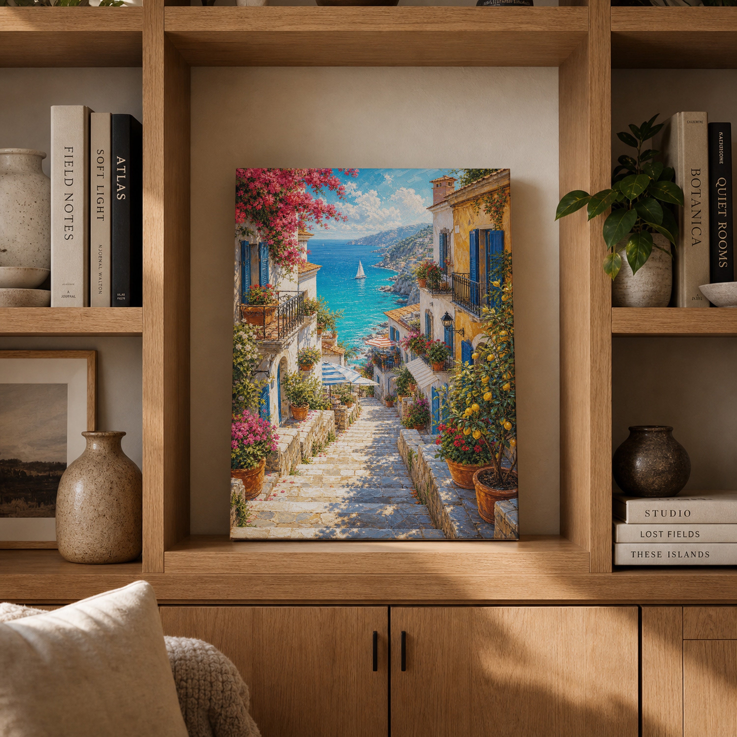 Greek Island Blooming Stairway canvas gallery shelf mockup by Seji Art