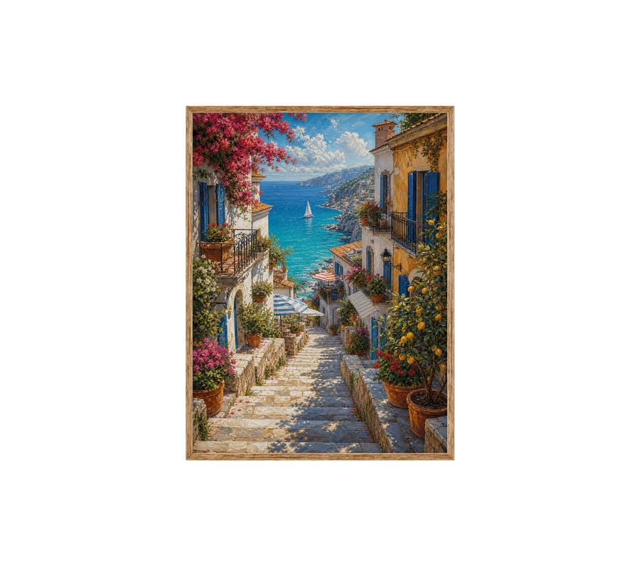 Greek Island Blooming Stairway poster print preview by Seji Art