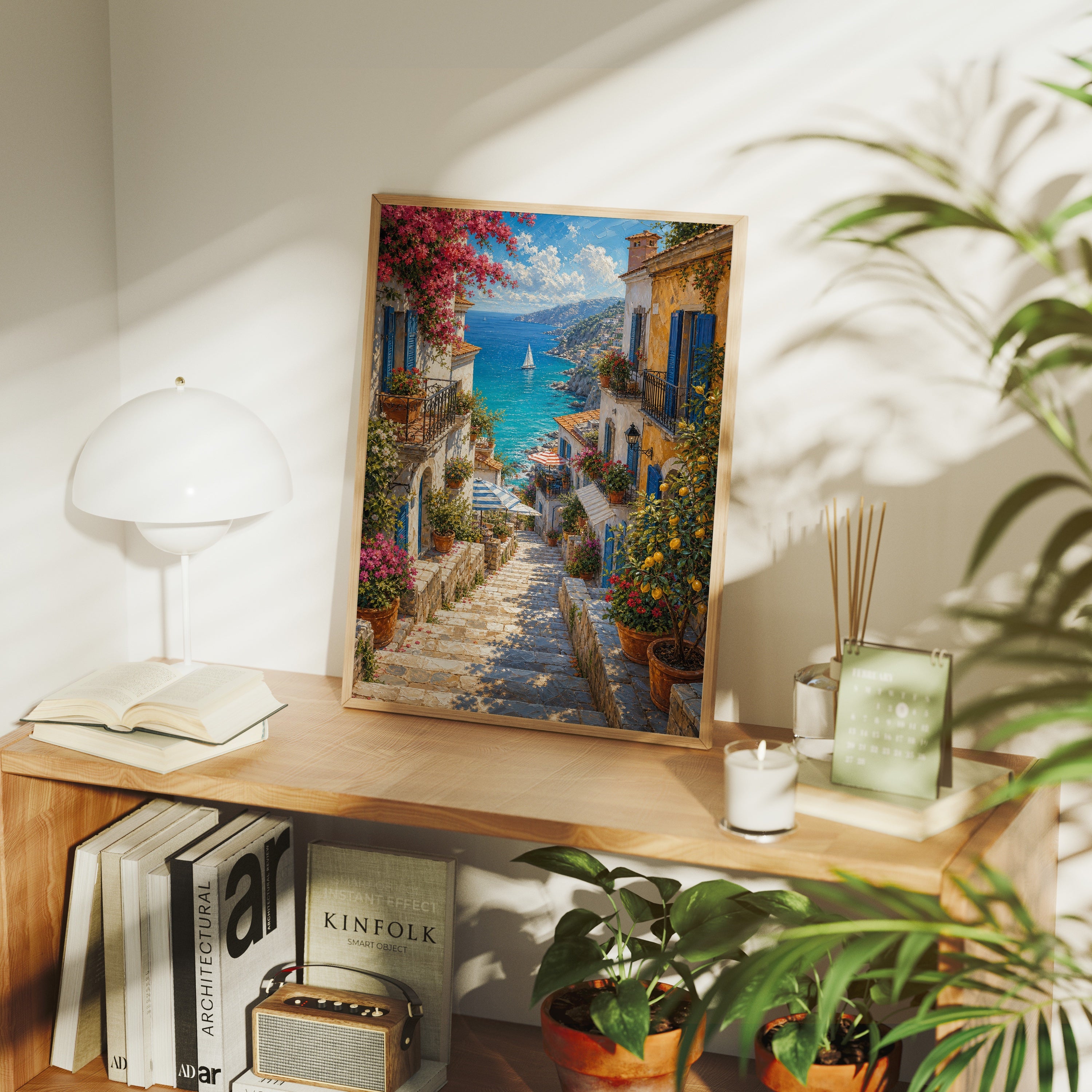 Greek Island Blooming Stairway poster framed room mockup by Seji Art