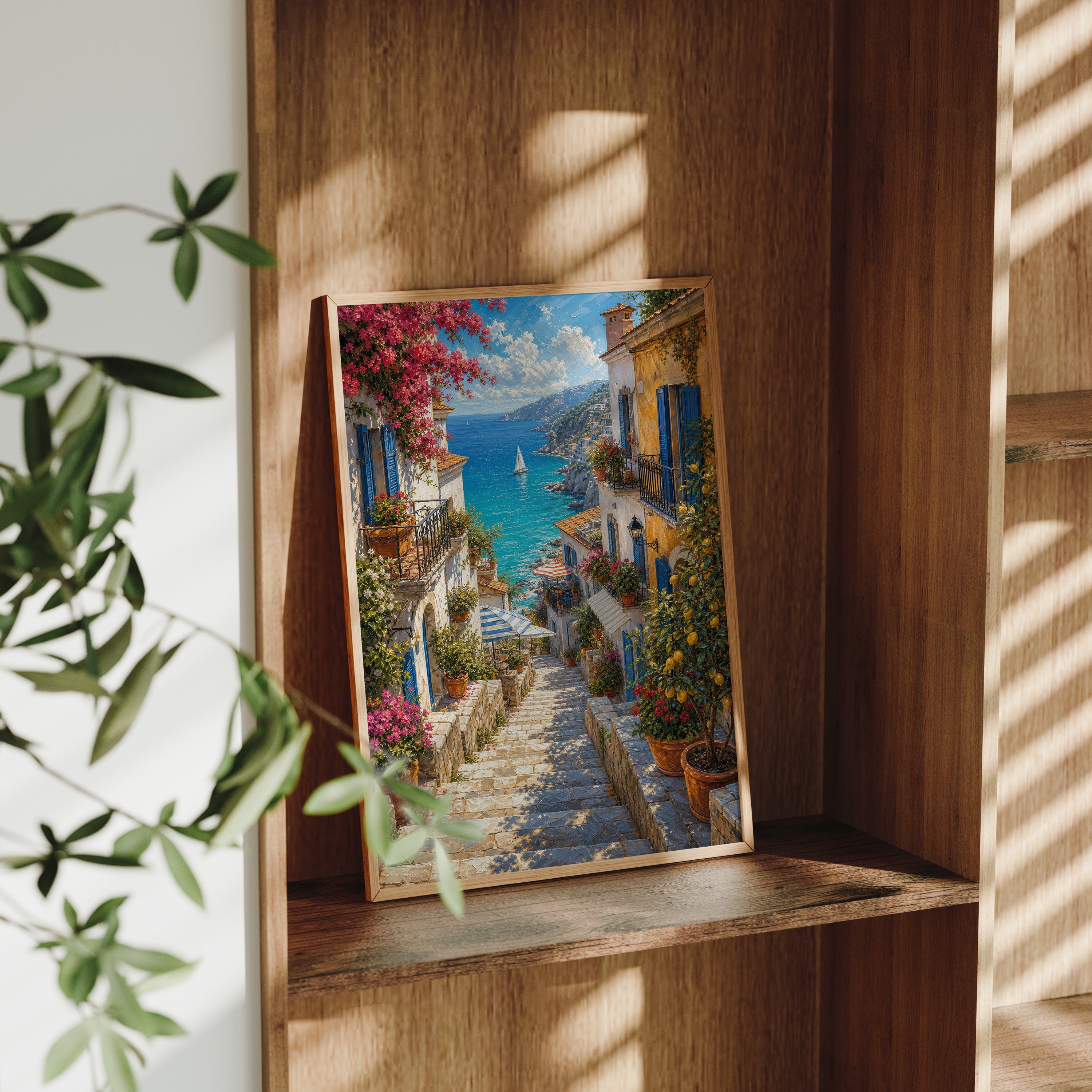 Greek Island Blooming Stairway poster gallery shelf mockup by Seji Art