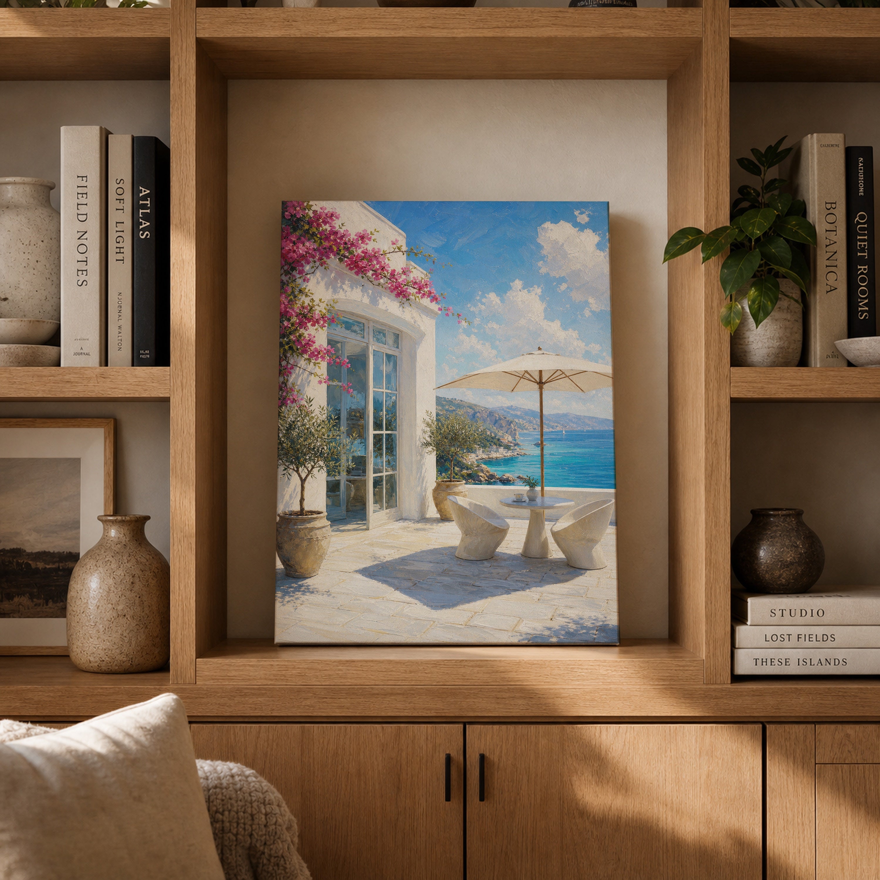 Greek Island Terrace Sea View canvas gallery shelf mockup by Seji Art