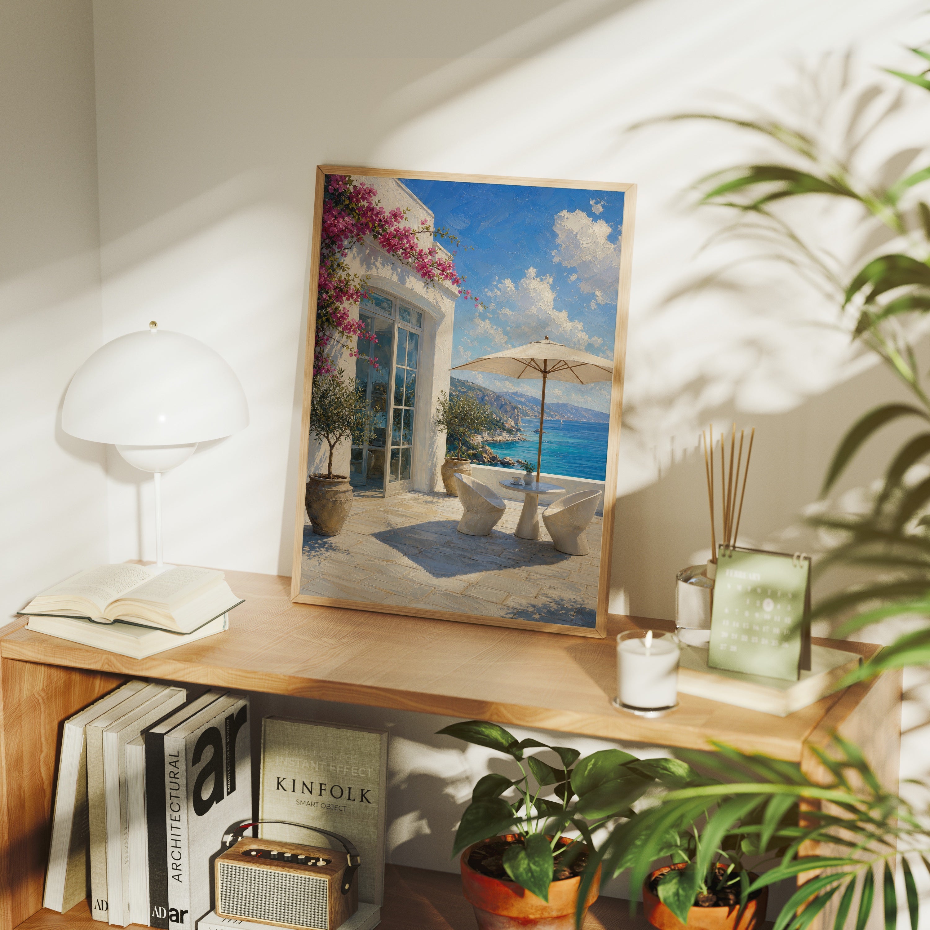 Greek Island Terrace Sea View poster framed room mockup by Seji Art
